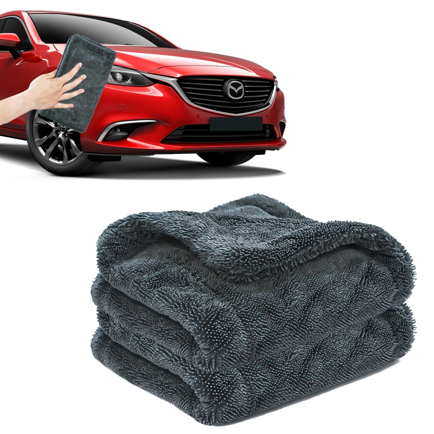 FABTEC Microfiber Cloth for Car – Heavy Duty 1200 GSM, Twisted Loop Super Absorbent Towel - Multipurpose Cleaning Accessories for Car, Bikes and Home Pack of 2 (Size: 40x40 cm) (Grey)