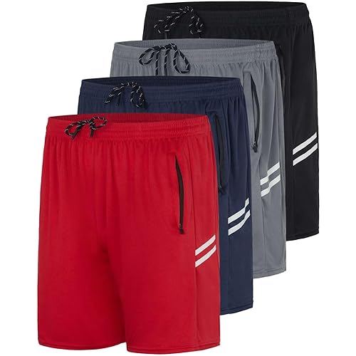 Real Essentials 4 Pack: Men's 7" Athletic Running Quick Dry Mesh Shorts with Zipper Pockets (Available in Big & Tall)