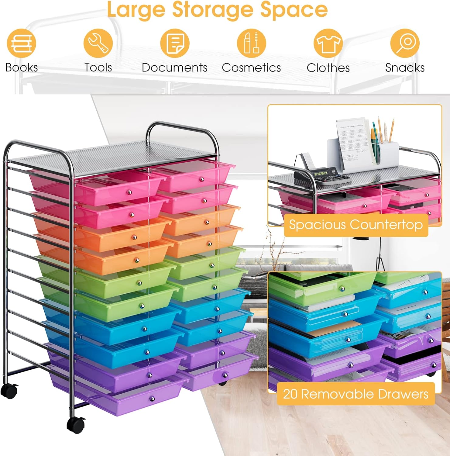 20-Drawer Rolling Storage Cart, Art Cart Organizer on Wheels, Metal Frame and Removable Drawers, Multipurpose Mobile Utility Cart for Classroom, Office, School, Home (Rainbow)
