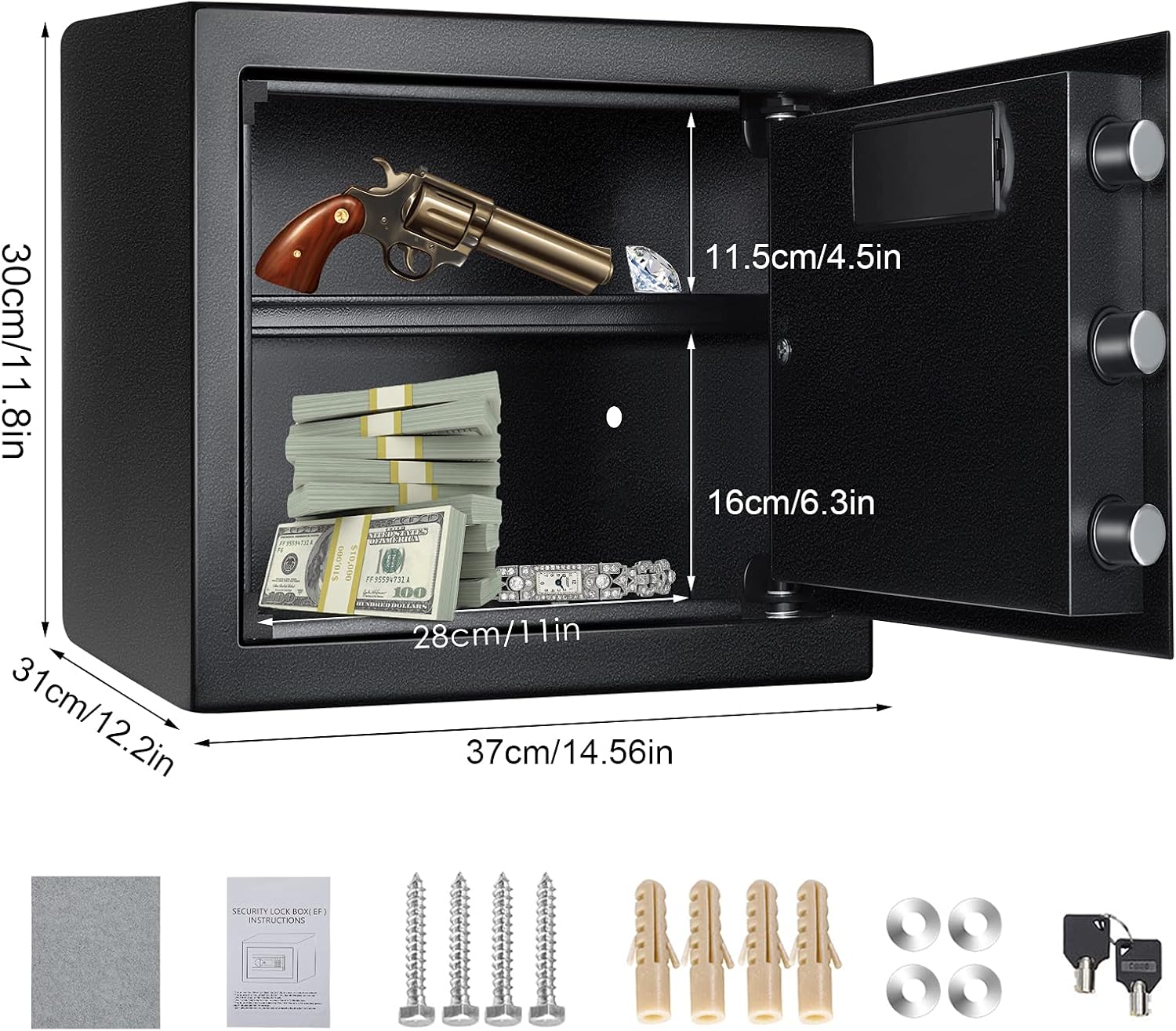 Kacsoo 1.2 Cub Fireproof Safe Box, Digital Cabinet Security Box Combination Lock Safe with Keypad LED Indicator, for Pistol Cash Jewelry Important Documents - - 