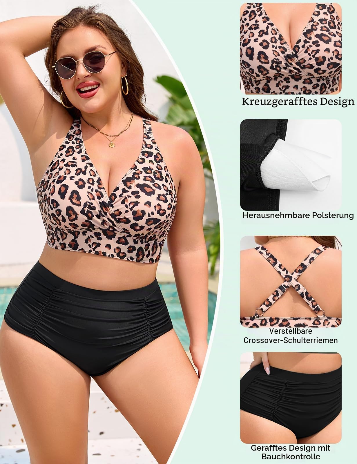 Bikini Damen Set Große Größen Bauchweg High Waist Bikini V-Ausschnitt Zweiteiler Bademode mit Cups Plus Size Swimsuits Sommer Strand
