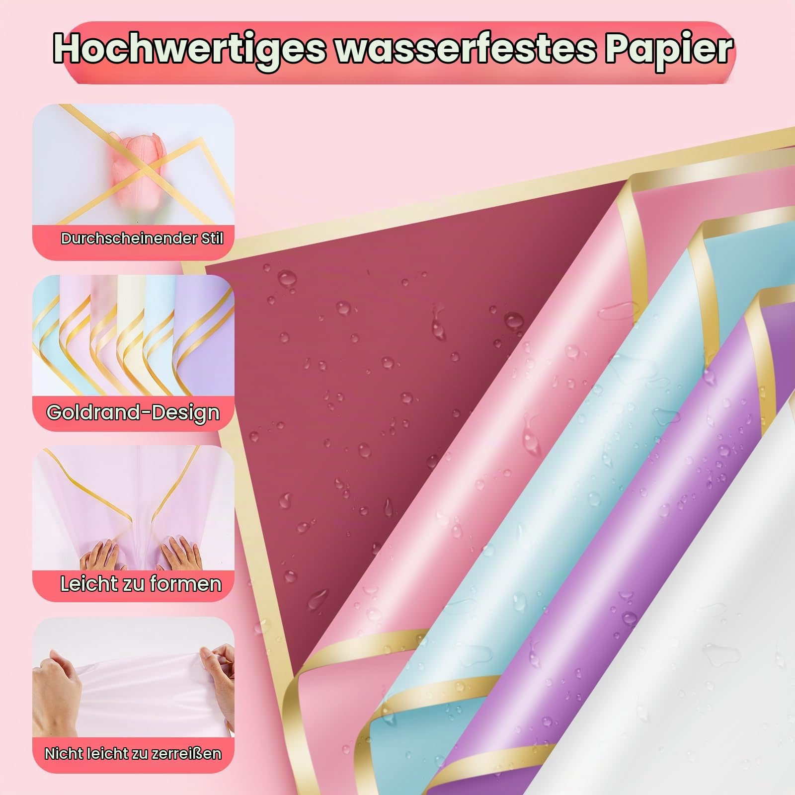 homdat Blumenstrauß Papier Set, bestehend aus 100 Blatt Geschenkpapier mit Blumenmuster, Bändern, Grußkarten, Diamantbroschen, 3D-Schleifen und Blumenkränzen zum Verpacken von Blumengeschenken,58 cm