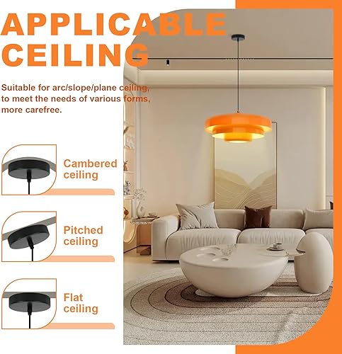 Miniatura 6 de Lámpara de araña moderna de mediados de siglo de 17.7 pulgadas, lámpara colgante naranja vintage de granja, 1 lámpara con pantalla de metal grande