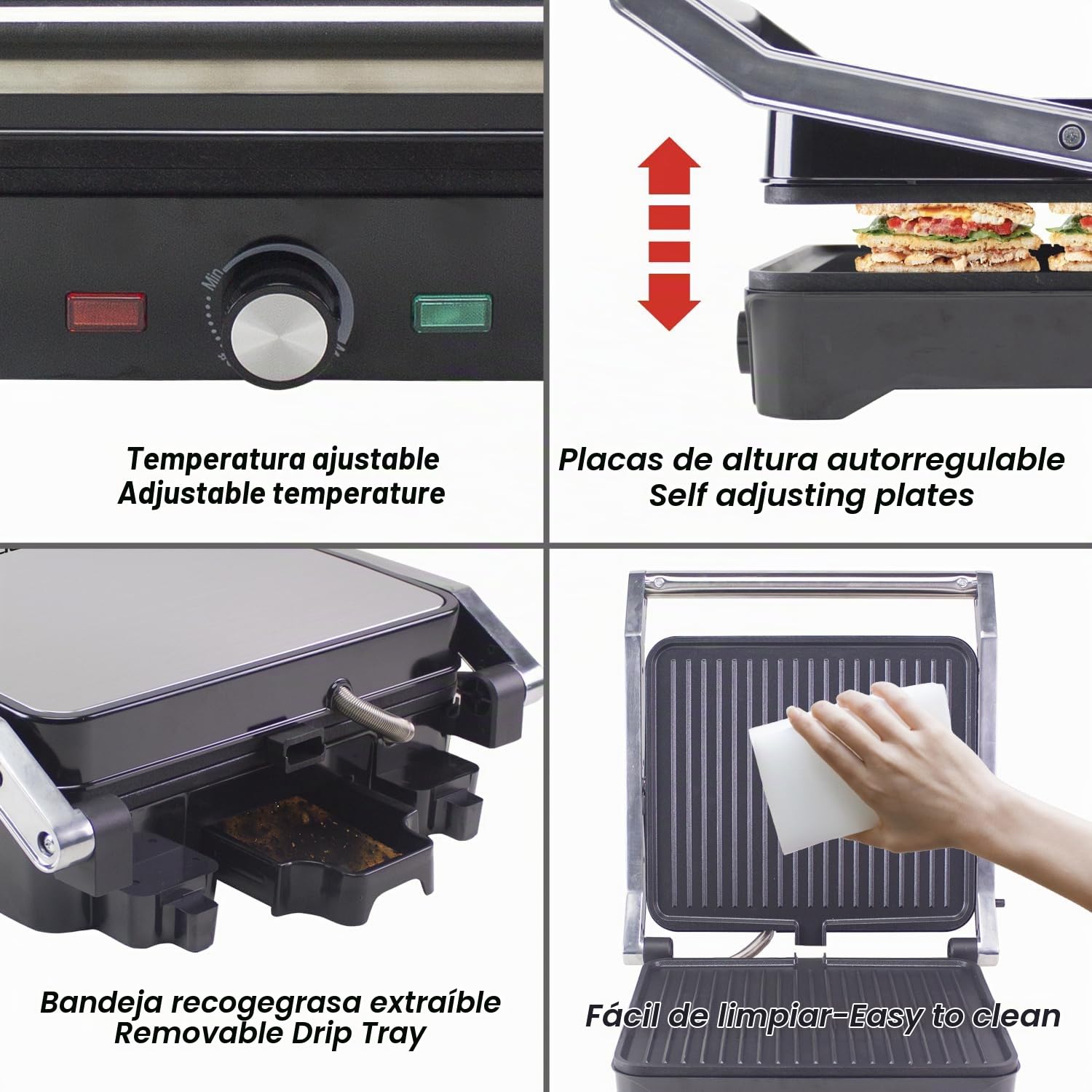 BEPER P101TOS503 GRAND GRILL Parrilla Eléctrica Multifunción 3 en 1: Sartén para Carne, Plancha para Paninis y Parrilla Barbacoa – Placas de 28 x 25 cm, Apertura de 180°, Termostato Ajustable – 2000W
