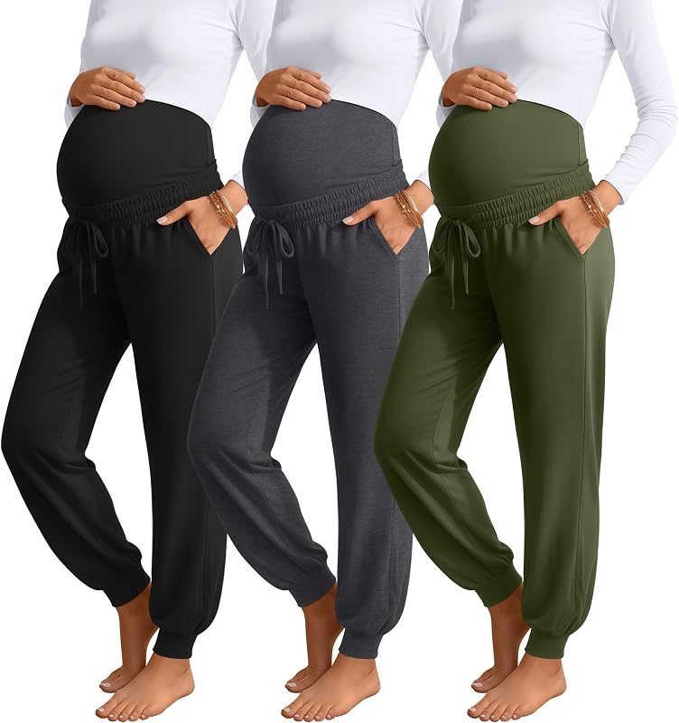 Pack de 3 pantalones deportivos de maternidad para mujer Yoga | Pantalones deportivos para embarazo sobre el vientre, ropa de pijama de maternidad, cómodos pantalones de embarazo con bolsillos, entrenamiento, posparto