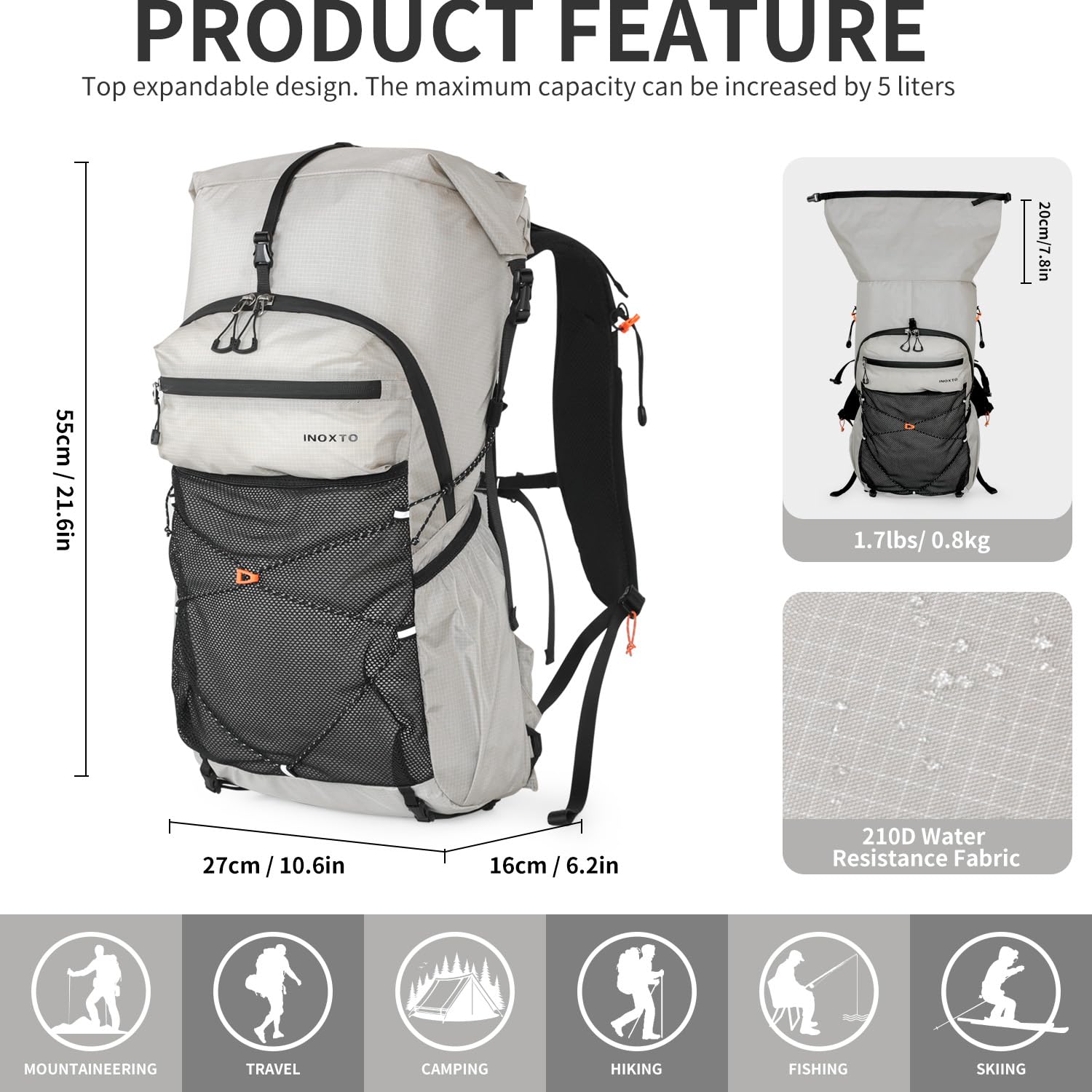 IX INOXTO Wanderrucksack für Damen und Herren, 30 l, wasserdicht, Camping-Rucksack mit 3 l Wasserblase und Regenschutz, leicht