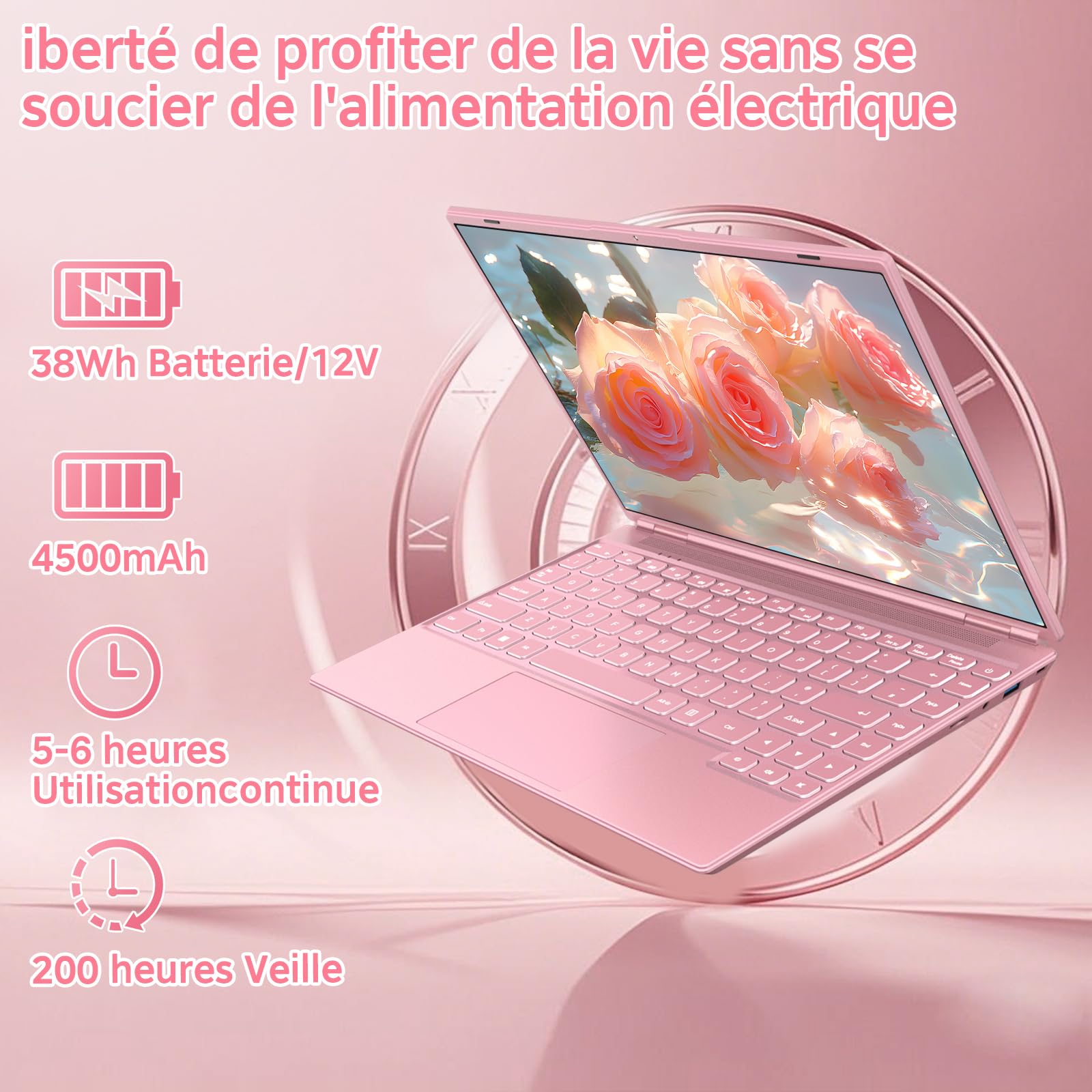 NOTODD PC Portable 14 Pouces 8+256GB SSD Soutien Extension 1TB,4 cœurs Celeron N5095 (jusqu'à 2,9 GHz), Ordinateur Portable Win11 avec 5G WiFi 1920x1200 BT4.2 Souris sans Fil ＆AZERTY Clavier-Rose