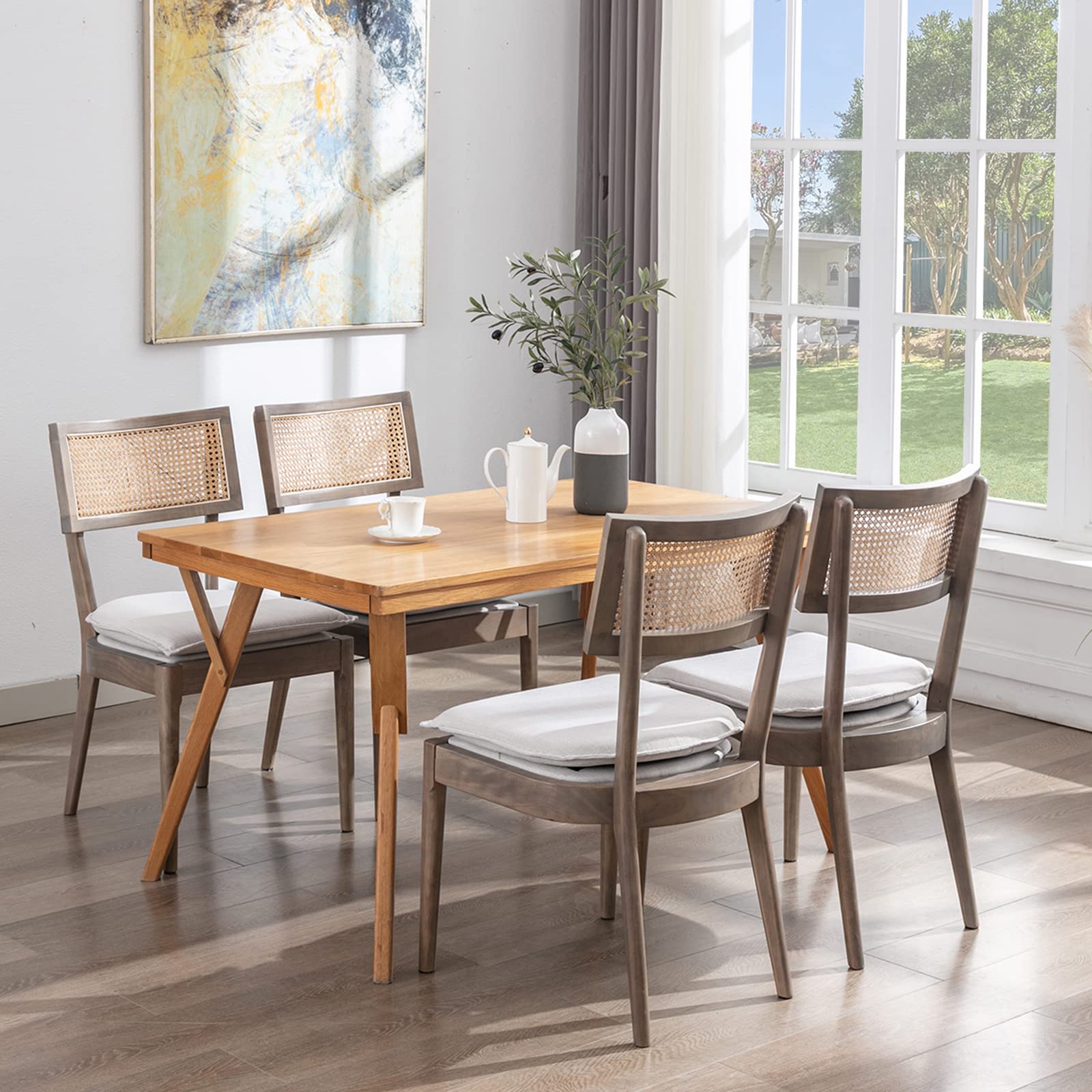 Sponsored Ad - Rattan Dining Chairs Set of 4, Farmhouse Cane Back Kitchen Chairs with Removable Linen Upholstery Side Chairs with Wood Legs for Dining Room/Restaurant, Light Brown