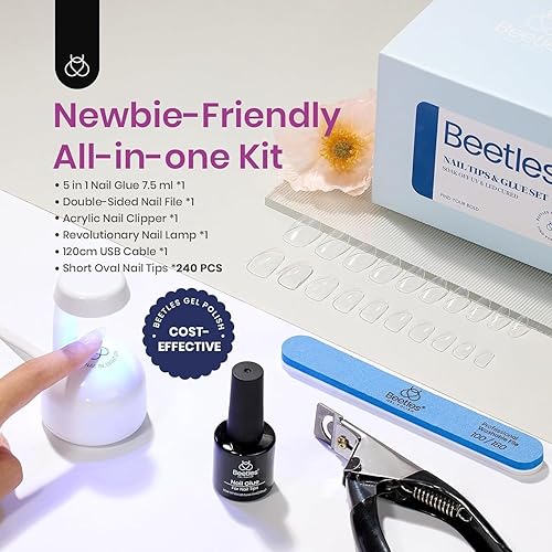 Miniatura 2 de Beetles - Juego de 240 puntas de uñas cortas ovaladas 5 en 1, base de pegamento de uñas de gel, lámpara LED UV, uñas a presión, juego de extensión