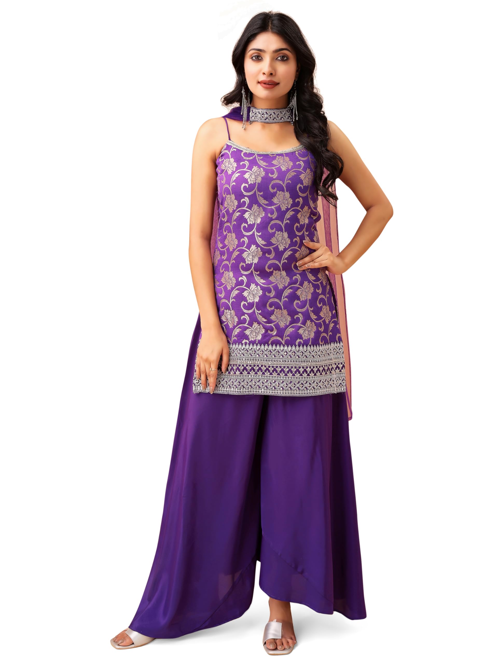 mavixa Women's Art Silk Blend Salwar Suit Set | U Neck Sleeveless Floral Jacquard Short Kurti and Solid Dupatta with Flared Sharara-picture-22