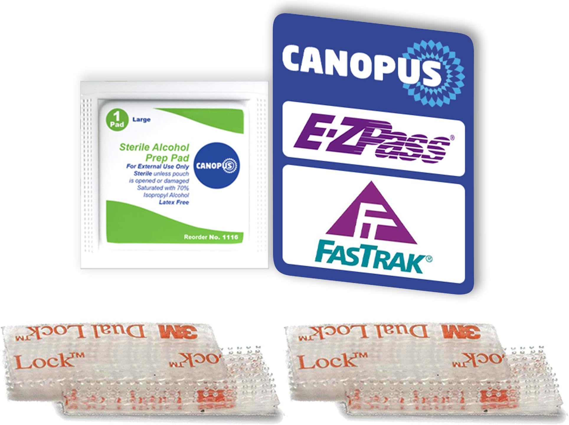 CANOPUS EZ Pass Mounting Kit – Dual Lock Reclosable Fastener Strips with Adhesive Backing (2 Sets, 4 Pieces) + 1 Cleaning Prep Pad – Tag Holder Tape for Toll Transponders