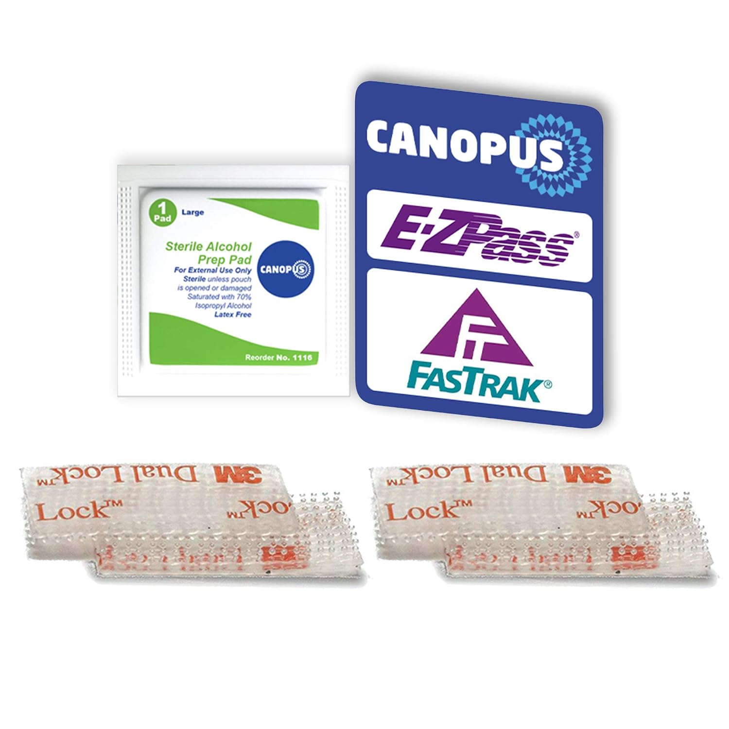 CANOPUS EZ Pass Mounting Strips: Adhesive Strips, Dual Lock Tape, Ezpass Tag Holder, Peel-and-Stick Strips (2 Sets - 4 pcs) with Cleaning Prep Pad (1 Piece) - (Pack of 1)