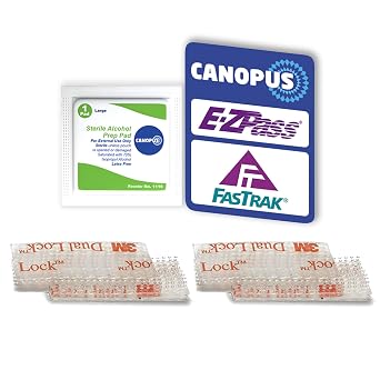 CANOPUS EZ Pass Mounting Kit Dual Lock Reclosable Fastener Strips with Adhesive Backing 2 Sets, 4 Pieces + 1 Cleaning Prep Pad Tag Holder Tape for Toll Transponders