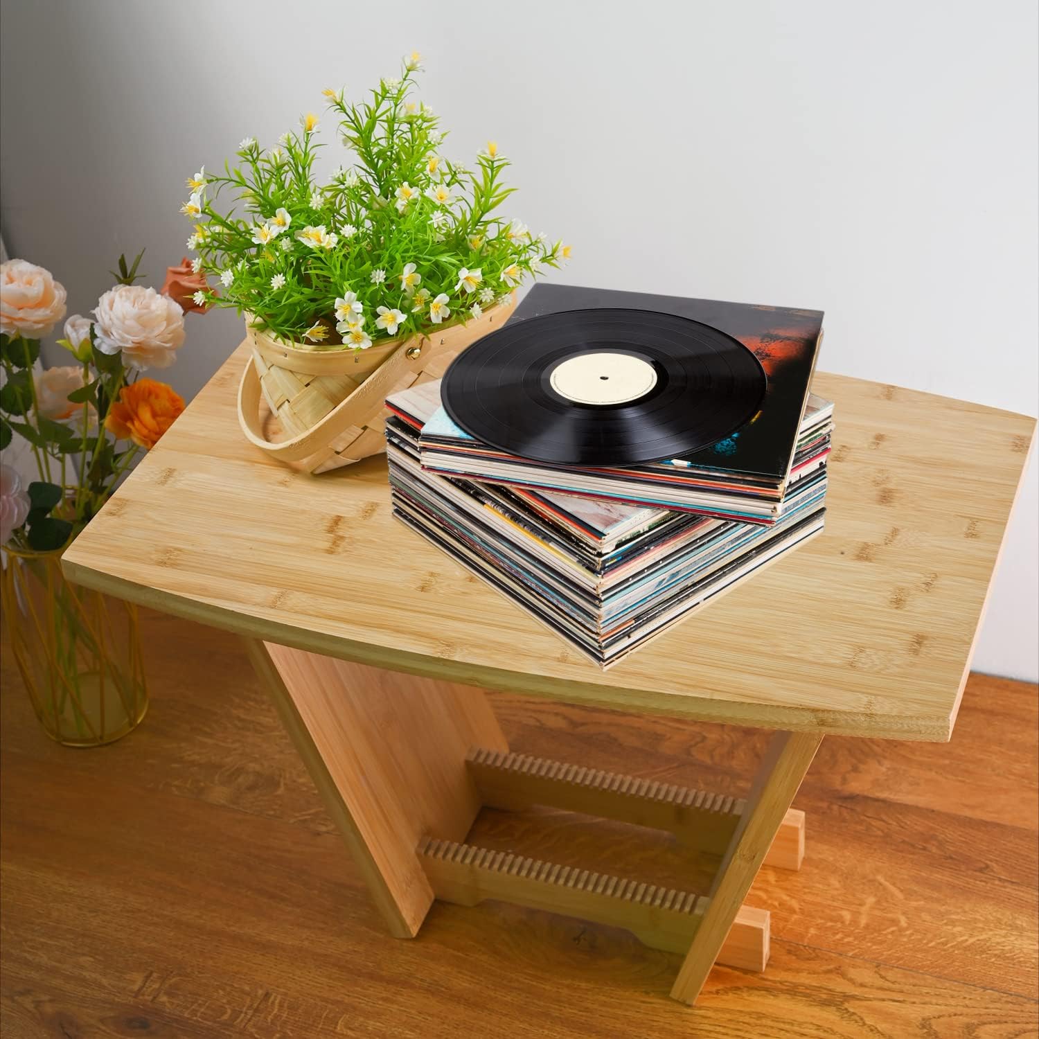 huyear Wooden Vinyl Record Storage Holder Record Player Display Rack Vinyl Record Albums Stand Music Centers Modern Vinyl Organizer Rack Protects Albums Books Magazines…
