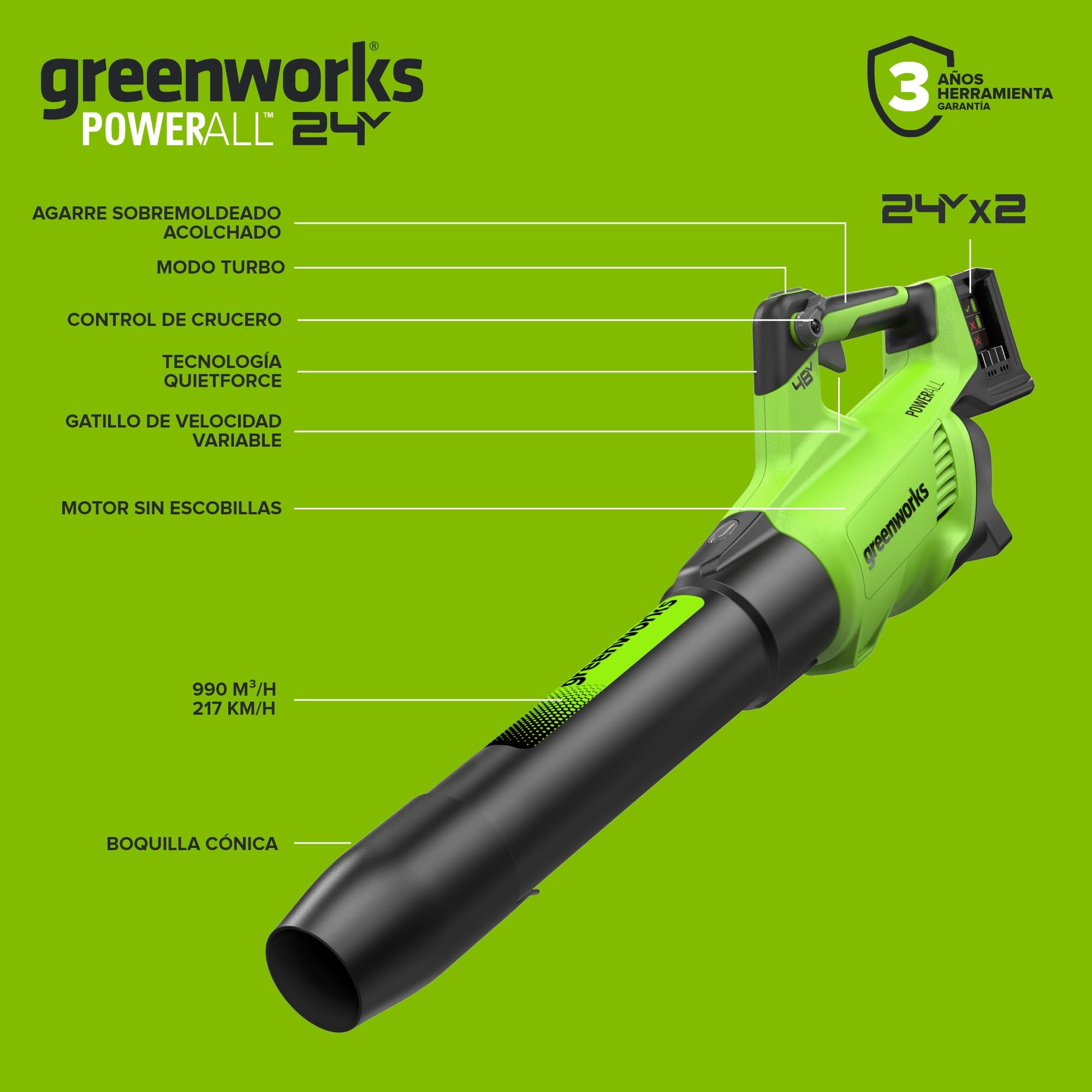 Greenworks 48V(24V x 2) Soplador de Hojas a Batería Axial, con Motor sin Escobillas, Función Turbo, 217 km/h, 16,4 m³/min SIN Dos de Las Baterías de y Cargador, Garantía de 3 Años BL48L00-01