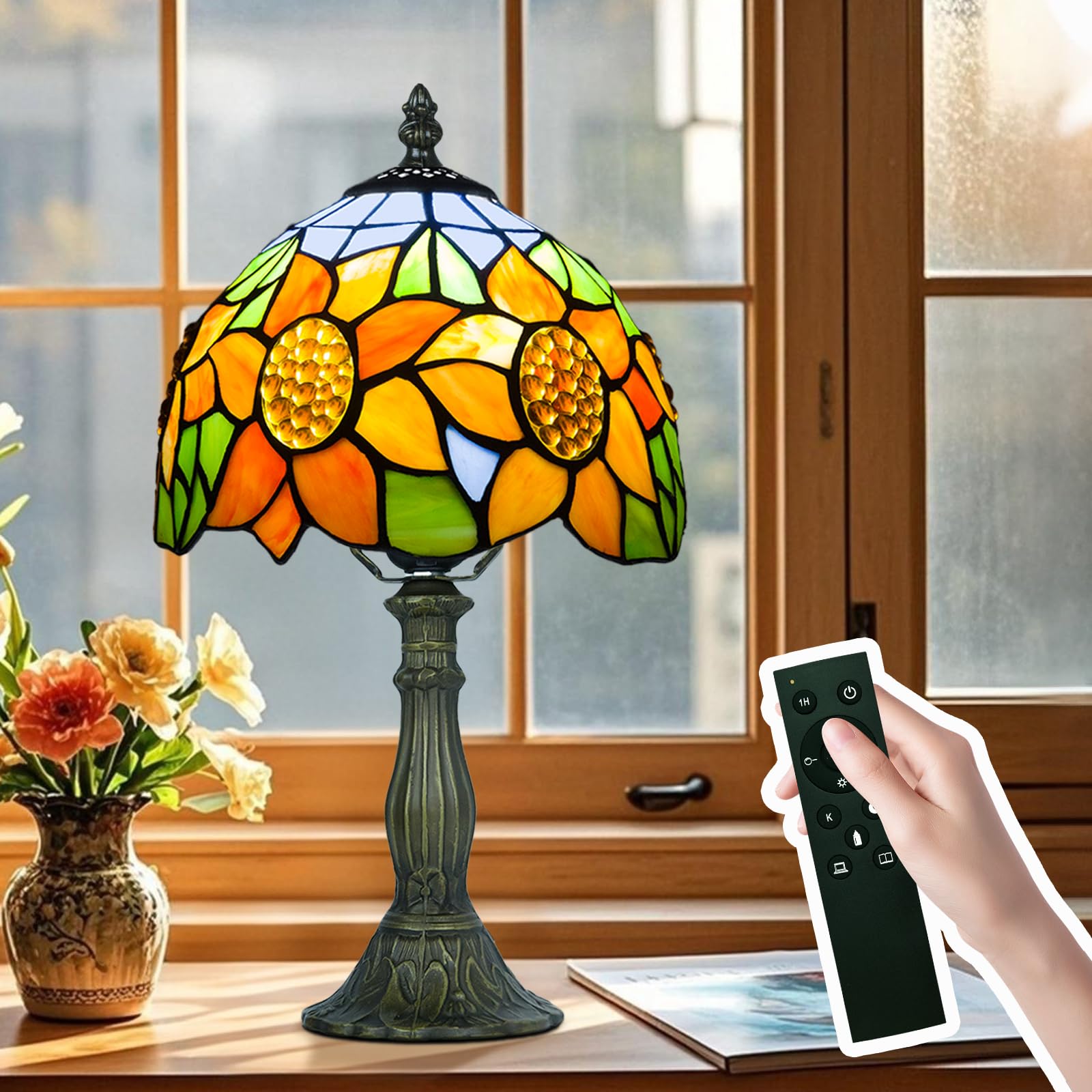 Tiffany-Tischlampe, Metallsockel, E27-Glühbirne Mit Fernbedienung, 8 Zoll Retro Stained Glass Lamp Für Wohnzimmern,Lesezimmern,Schlafzimmern Und Arbeitszimmern Verwendet (D Sonnenblume)
