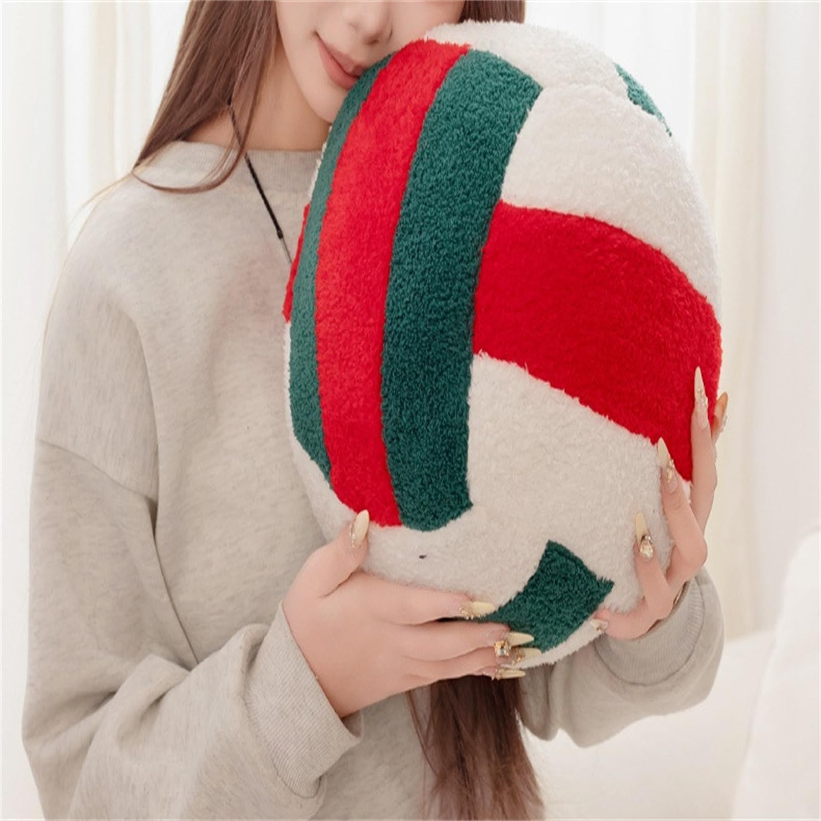 Volleyball-Plüschtier Kissen, 3D Runde Kissen Plüsch Ball Dekokissen, Plüsch Volleyball Spielzeug, Kinder Kuschelkissen, Sport Themenkissen für Kinderzimmer Dekoration (Rot-Grün,20 cm)