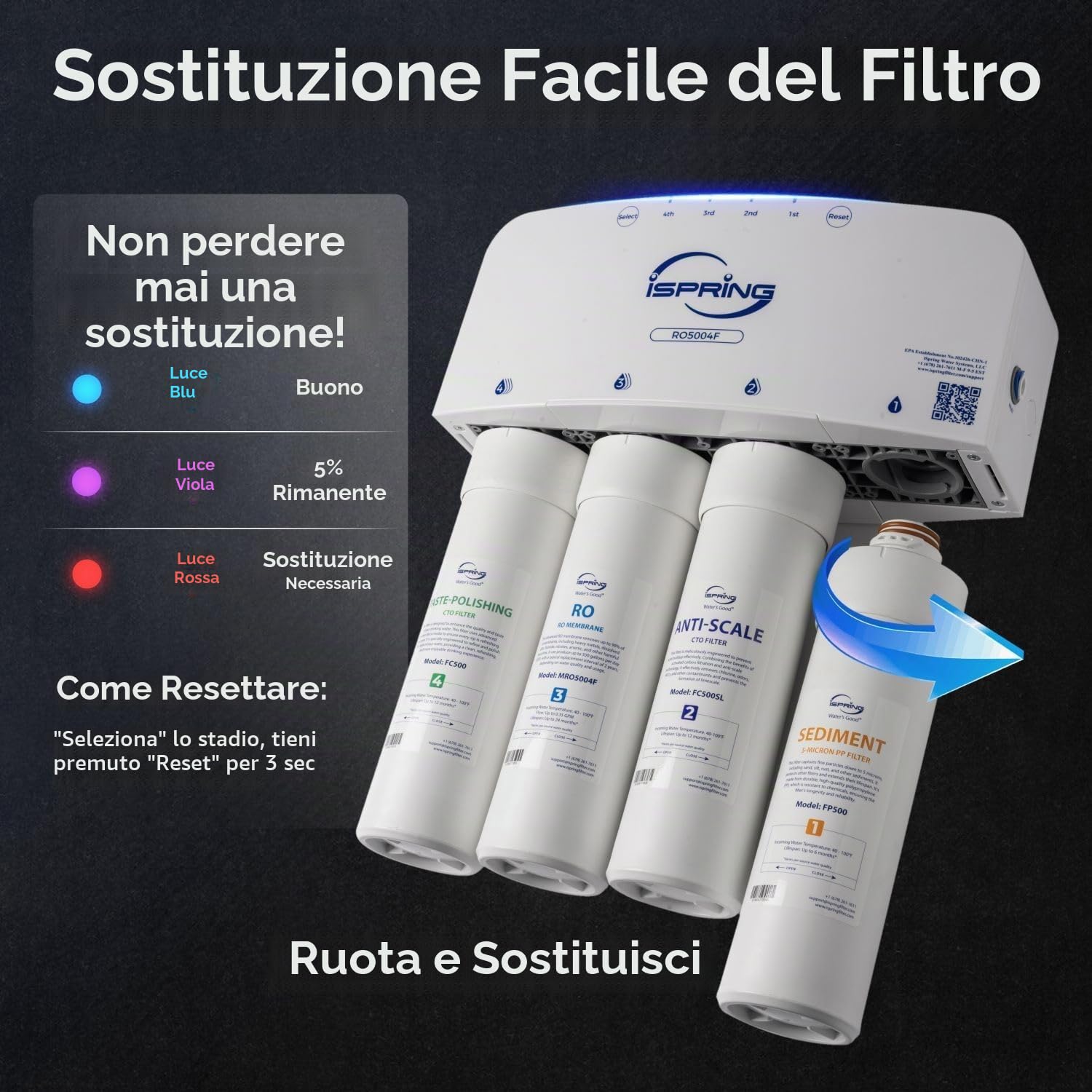 iSpring RO5004F Filtro Acqua Osmosi Inversa con UV Riduce PFAS, TDS, Piombo | Capacità 500 GPD, Sistema Senza Serbatoio, Pompa Di Pressurizzazione, Rapporto Acqua Pura/Scarico 2:1