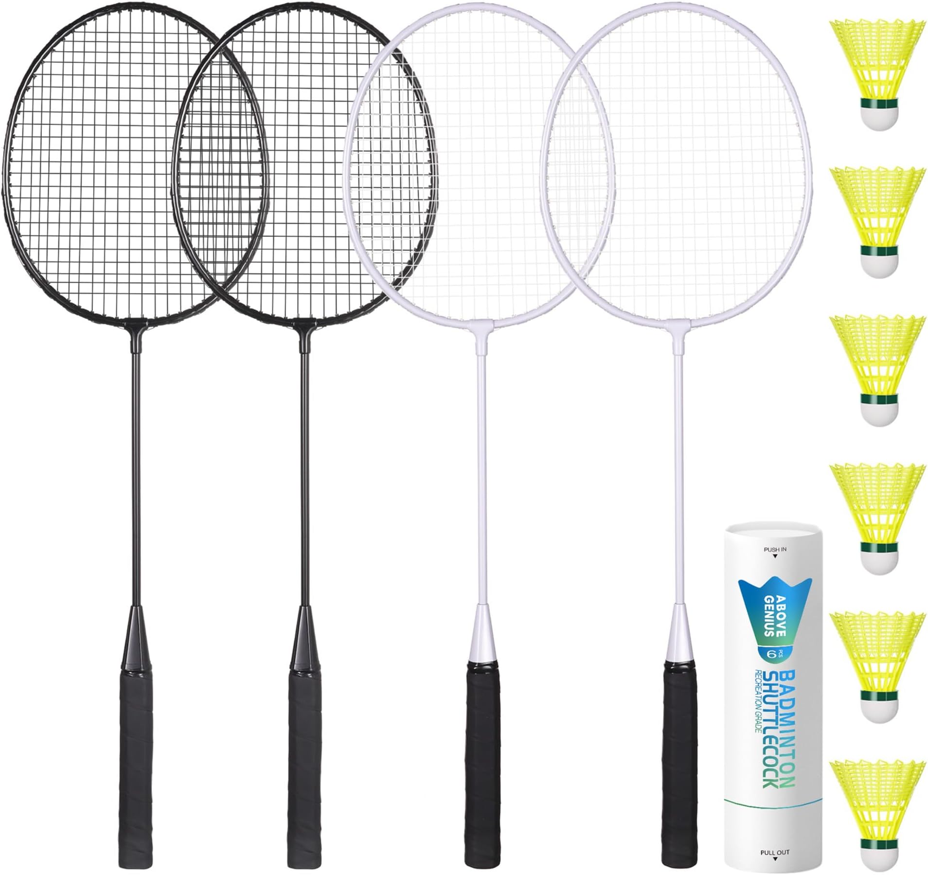 Badminton Rackets Set of 4 for Outdoor Backyard Games, Including 4 Rackets, 6 Nylon Badminton Shuttlecocks, Lightweight Badminton Racquets for Beginners