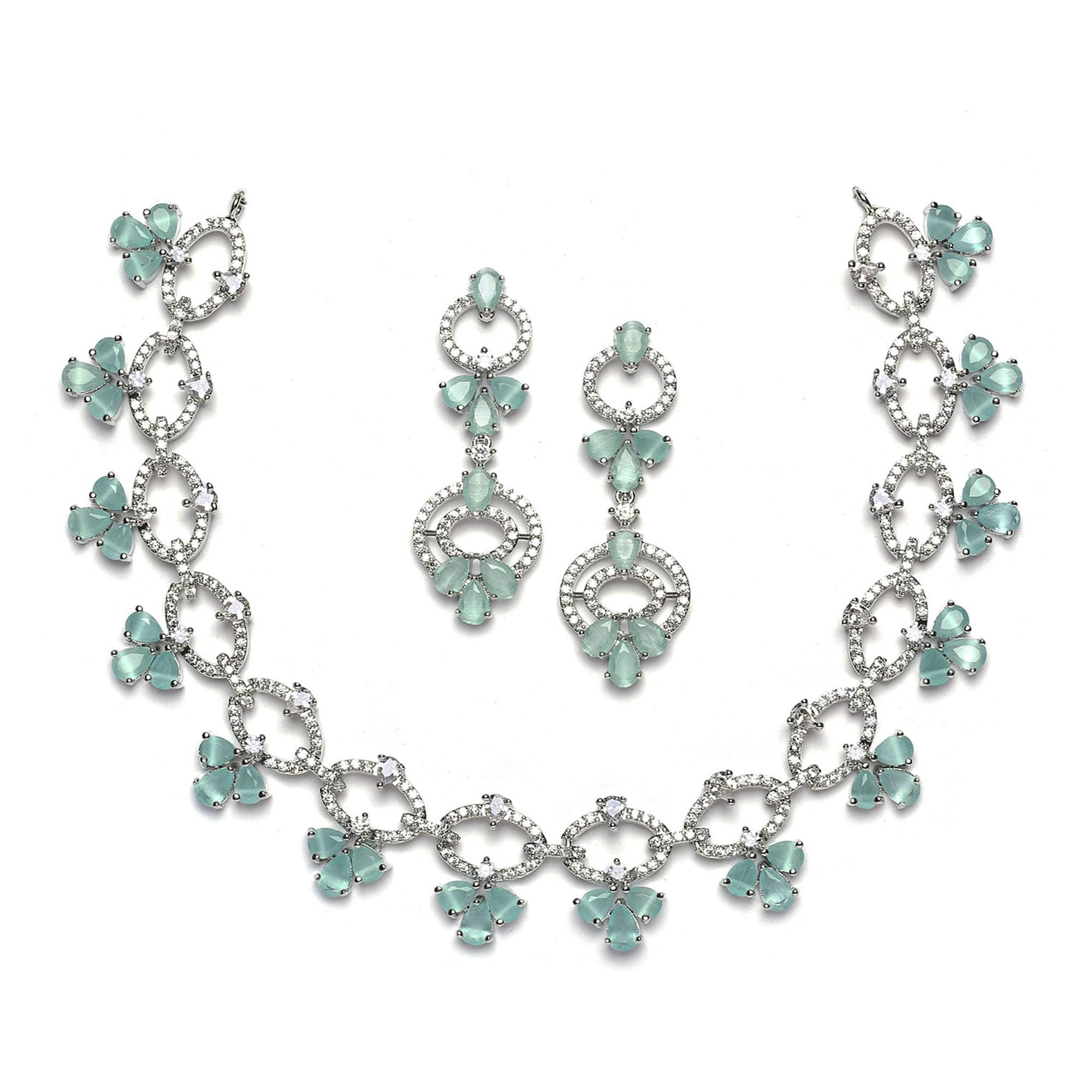 ZENEME Rhodium-Plated Oval American Diamond Studded Circular Shaped Necklace With Earrings For Girls and Women (Sea Green) (B0CGR74QFQ) Amazon Price History, Amazon Price Tracker