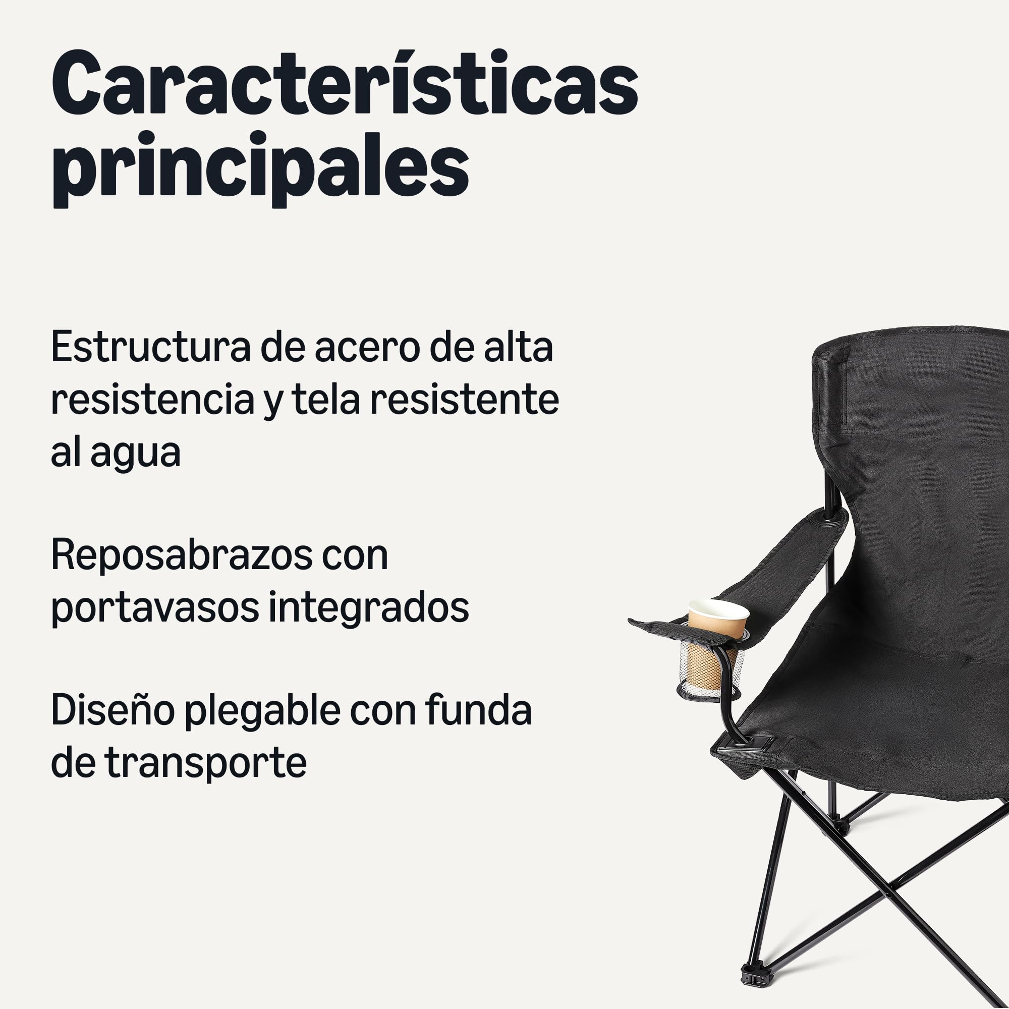 Amazon Basics Silla de Camping Plegable Portátil con Portavasos - Silla de Exterior con Marco de Acero, Resistente al Agua, con Bolsa de Transporte - 72,5cm x 52,5cm x 93,2cm - Negro - Pack de 2