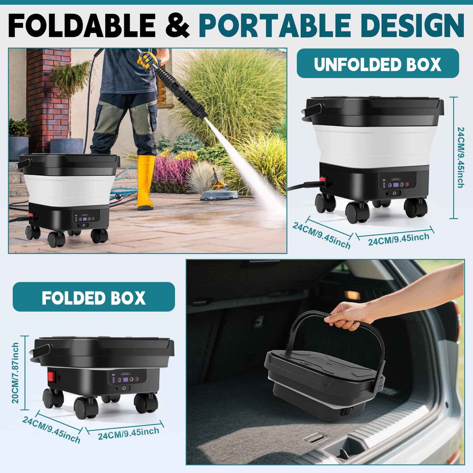 Limpiador a Presión Inalámbrico con Ruedas, Depósito 13L, 4000 mAh | 380W, 36 bar, Limpiador Portátil, 7 Velocidades, 2 Boquillas, Manguera 7 m, 5 m, Jarra de Espuma
