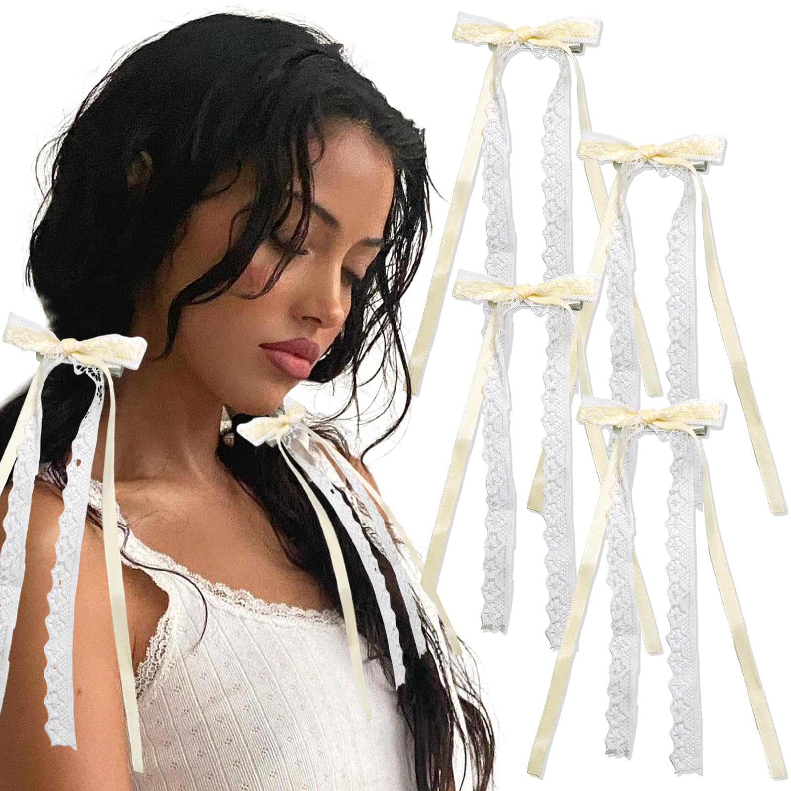 4Pcs Lace Hair Bow Clips for Women White Coquette Bows for Hair Tulle Bowknot Hair Clips with Long Tail Cute Tassel Hair Ribbons