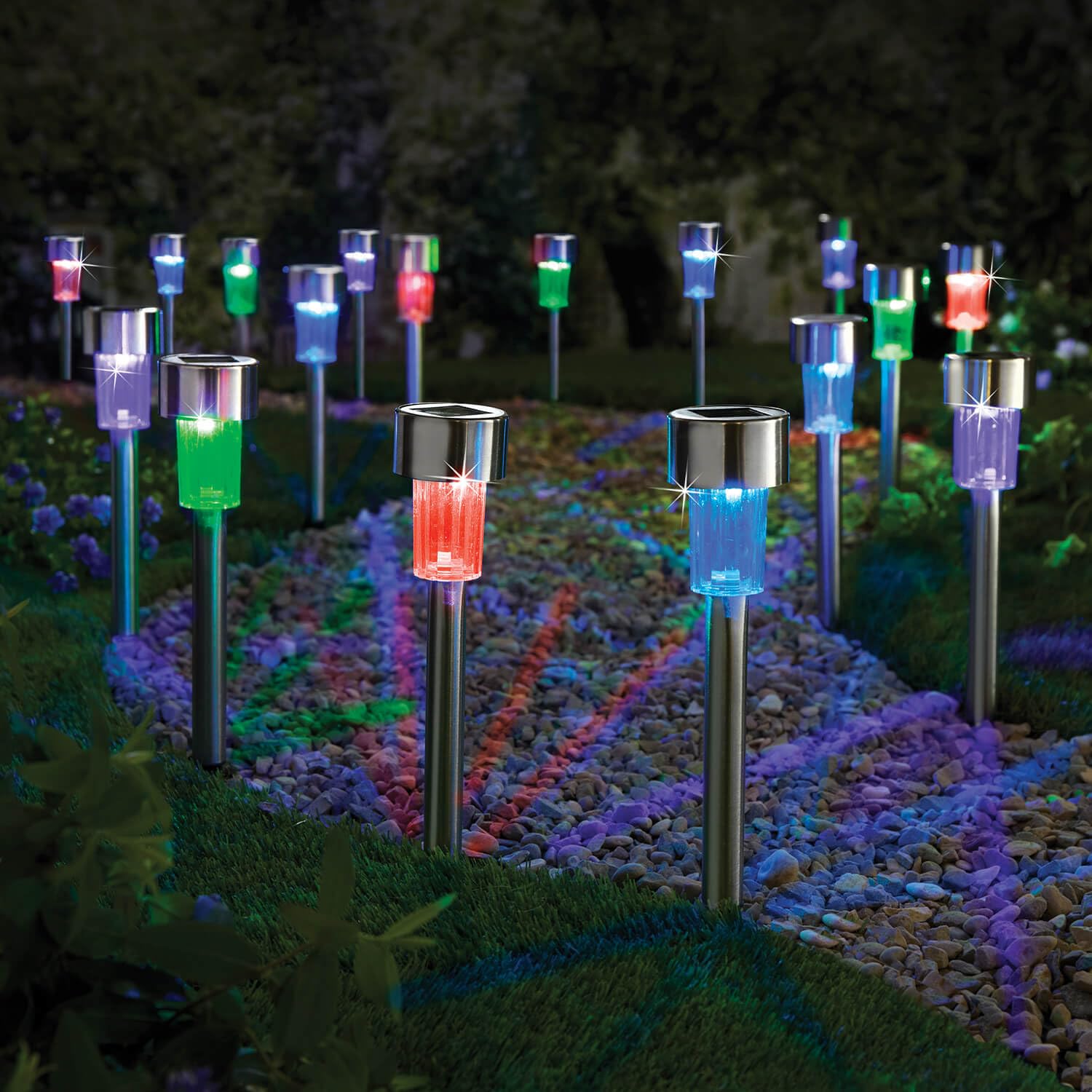 Coopers of Stortford - Set of Twelve Multicolour Solar Stake Lights for Garden Paths and Driveways - Stainless Steel Outdoor Lighting, Up to Eight Hours