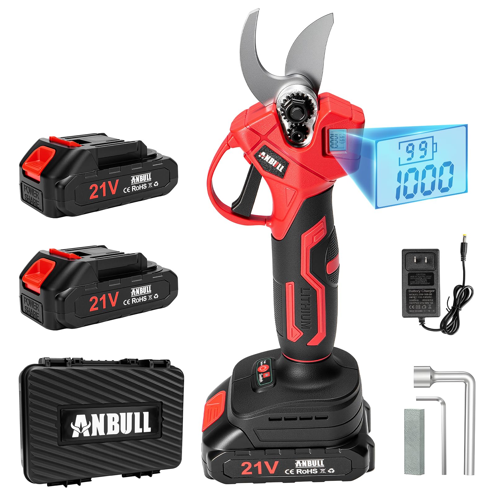 Anbull Tijeras de podar electricas 40 mm, con cuchillas SK5 | Bateria 2×2000 mAh, motor sin escobillas, compatible con baterías Makita 18V, inalámbricas, para ramas y árboles frutales