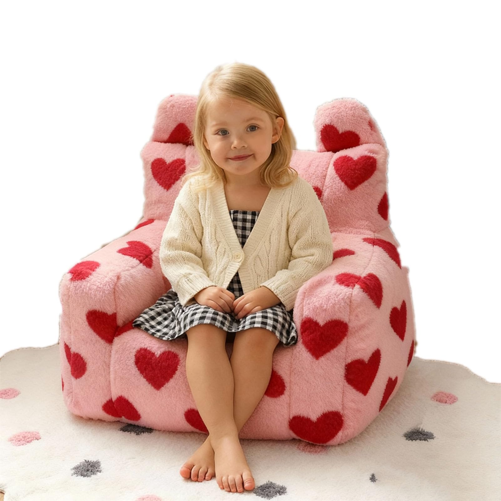 Modern Plush Bean Bag for Kids, Soft Foam Filled Floor Chair, Comfortable Couch for Children's Playroom, Bedroom, and Living Room Decor (Pink Hearts)