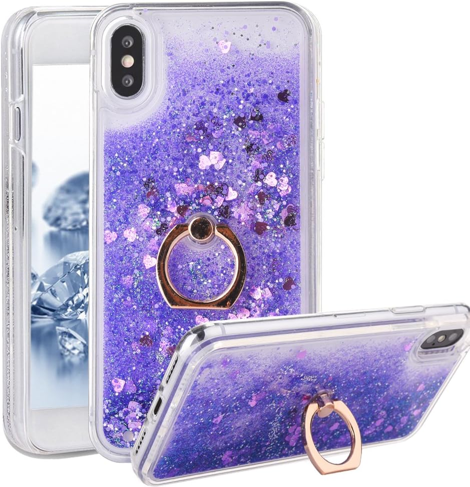 iPhone X Case with Ring Liquid - USAcases Finger Ring Stand Holder Kickstand Moving Quicksand Slim Fit Crystal Clear Floating Luxury Glitter Sparkle Diamond for iPhone X