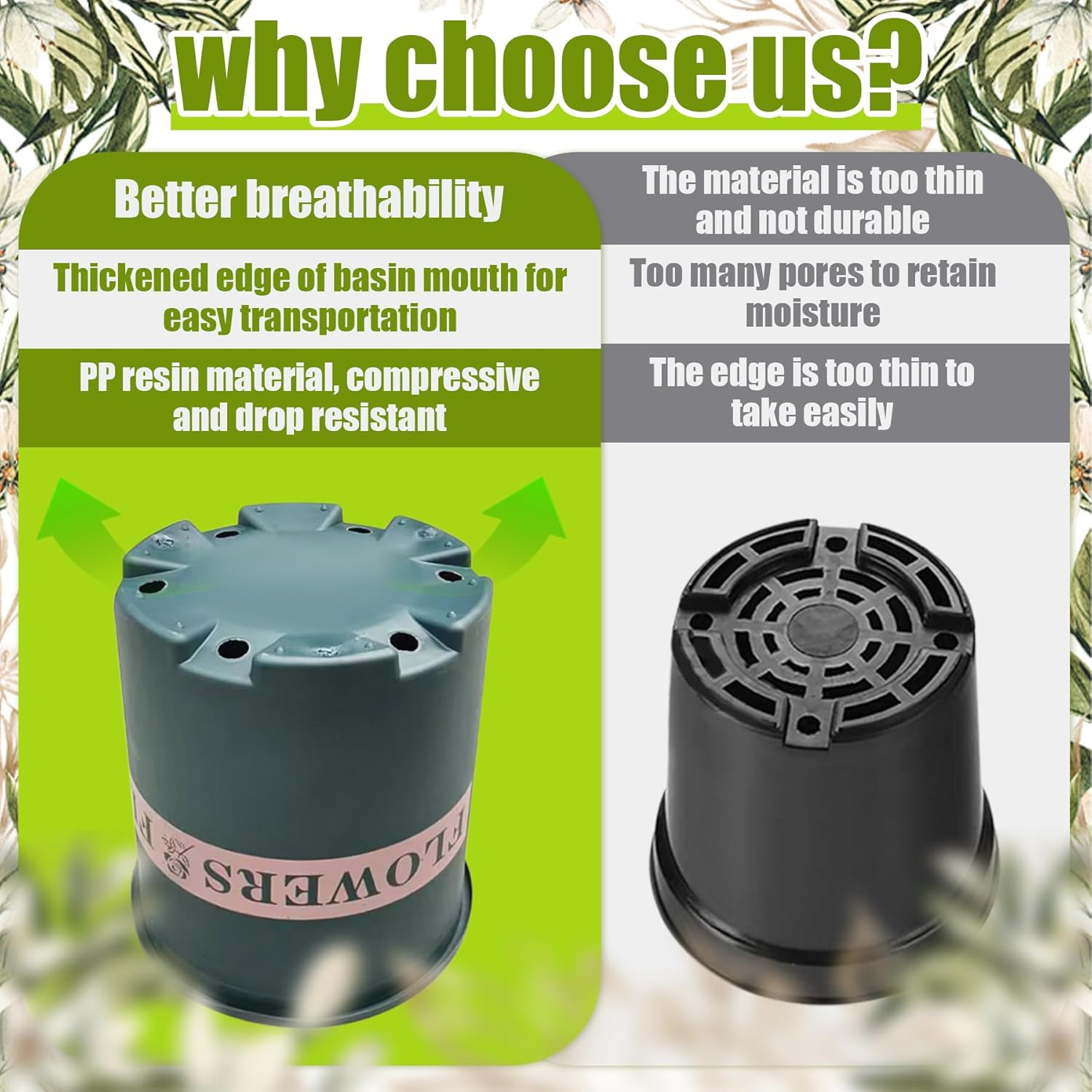 10Pcs 5 Gallon Nursery Pots 10 Inch Plastic Plant Pots Thickened Flower Pot with Drainage Holes Suitable for Indoor Outdoor Home Office Planters Decor Container Green