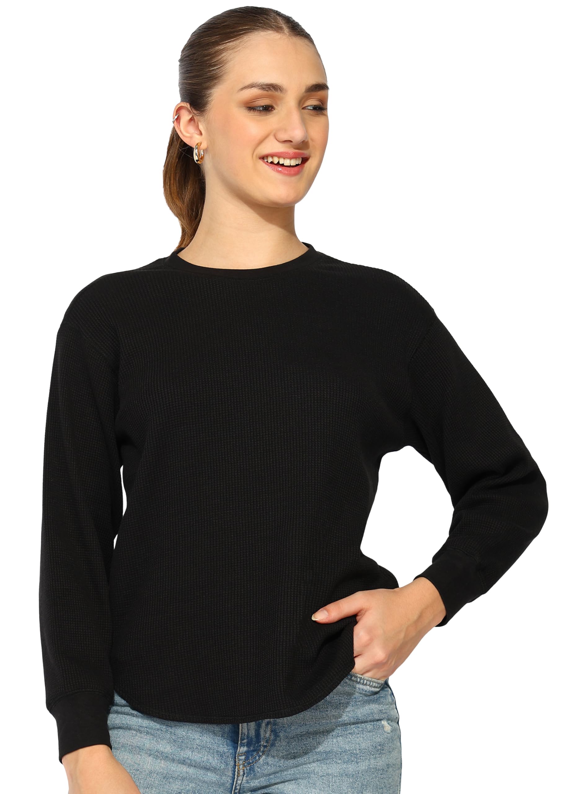 Women's Waffle Crew Neck Long Sleeve Relaxed Fit T-Shirt