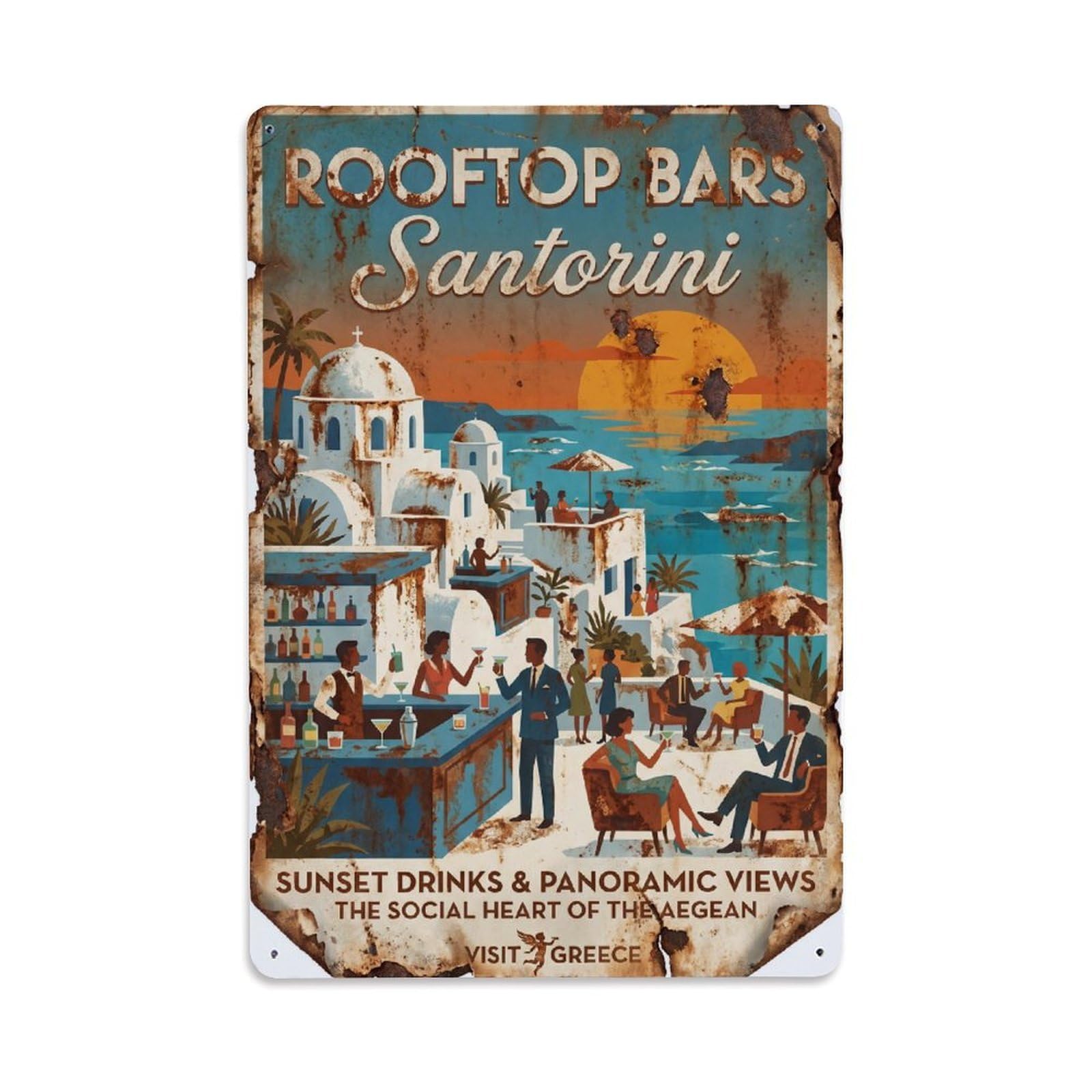 Gead 8X12inch Style Vintage Travel Santorini Rooftop Bars Metal Tin Sign