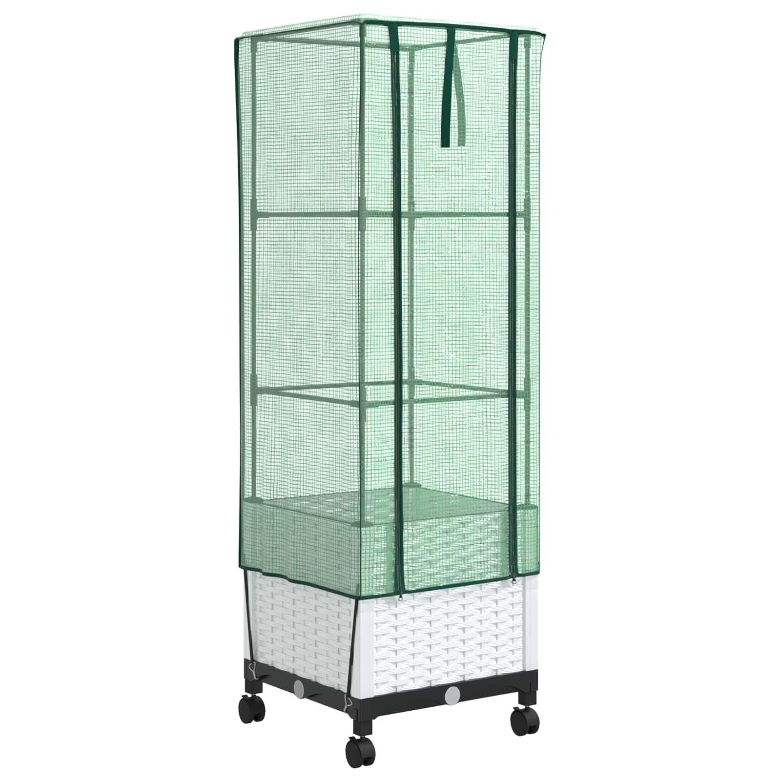 Macetero móvil con cubierta de invernadero, color blanco, PP, 40 x 40 x 145 cm | Cama elevada con aspecto de ratán para patio y jardín, incluye cubierta y prácticas para el suelo.