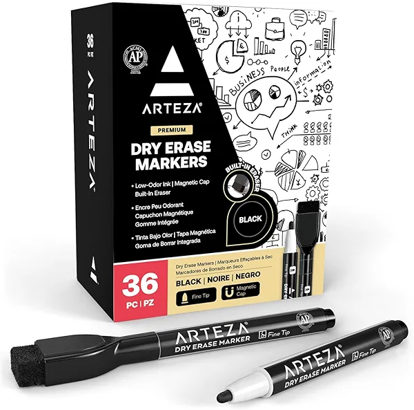 ARTEZA Black Dry Erase Markers with Erasers – Pack of 36 Magnetic Fine Tip Whiteboard Pens with Low-Odor Ink for School, Office & Home Use