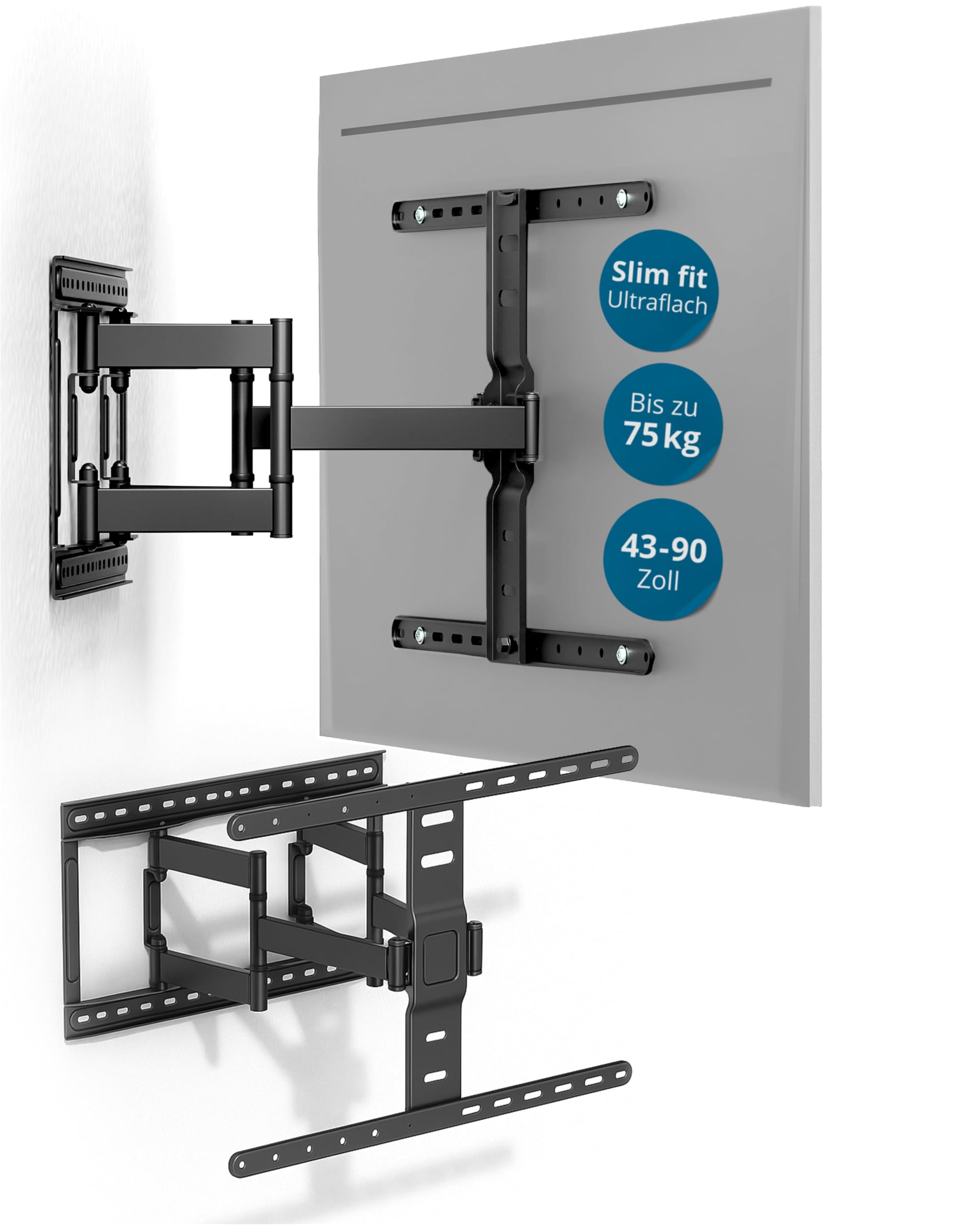 Xantron Slim Fit TV Wandhalterung Schwenkbar inkl. Zubehör - nur 27mm Wand-Abstand - 43-90 Zoll & VESA bis 600×400 - Ultra Slim TV Halterung bis 75kg - SLIMLINE-466US