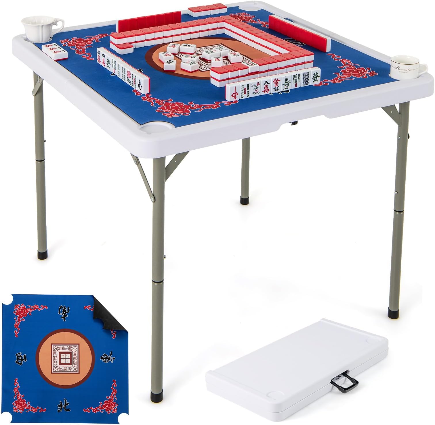 GYMAX Mahjong Table Foldable with Mahjong Mat, 4-Player Square Domino Table w/Cup Holders & Carrying Handle, Anti Slip Noise Reduction for Mahjong, Poker, Card Board Games (Blue)