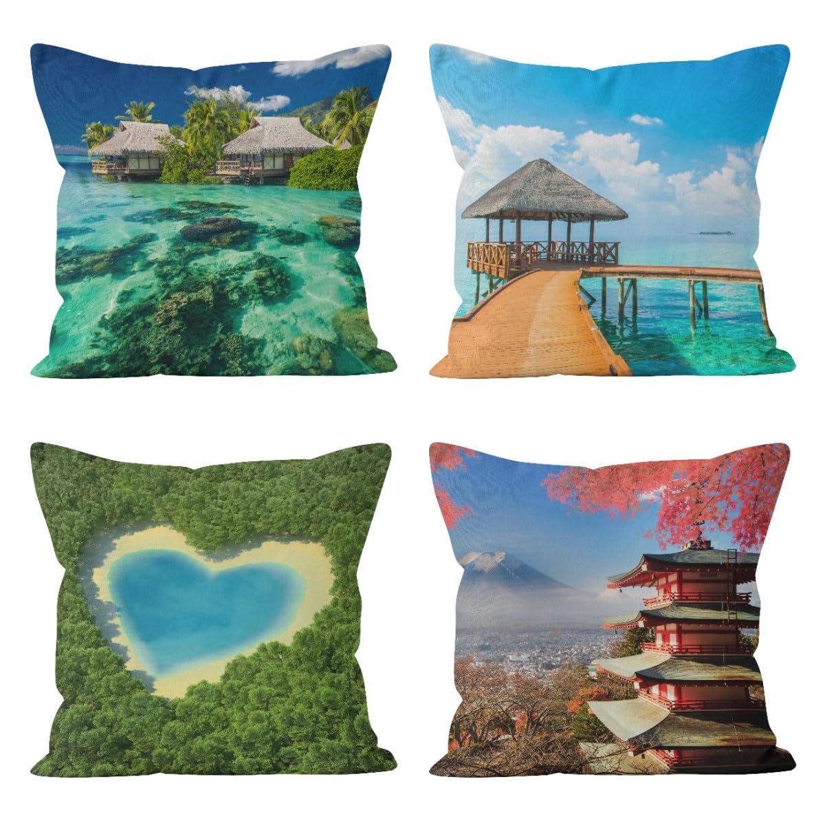 Housse de coussin lin 50x50 cm motif Mont Fuji imperméable lot de 4 CEVAN