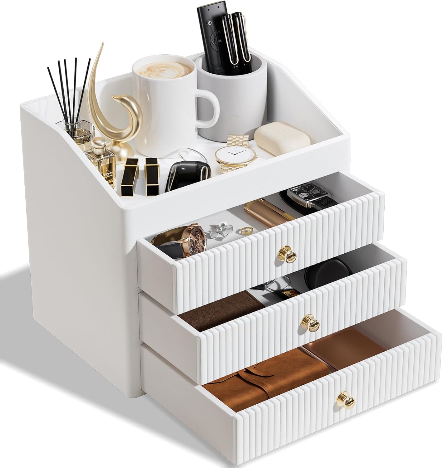Office Accessories,Begie White Vegan Leather Office Supplies with 3 Drawers & Tray for Desk,Perfume Organizer with Gold-Tone Metal Accents Knob for End Tables,Bedside Table,Bedroom