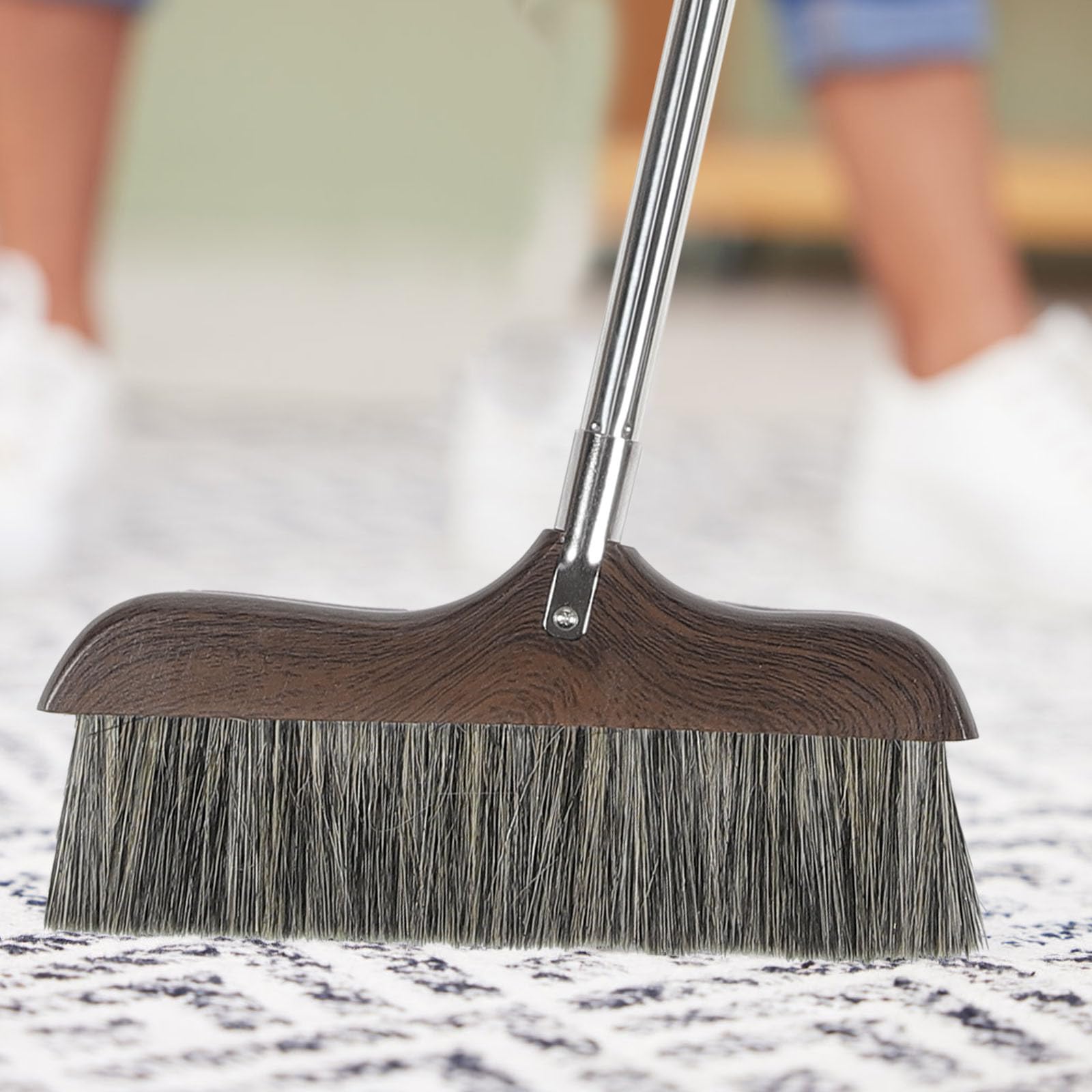 Escoba Mango Cerdas de Limpieza de Madera Largo para Suelo | Negro, Cerdas Biseladas y Lado Plano, Acero Inoxidable y Plástico, Orificio para Colgar