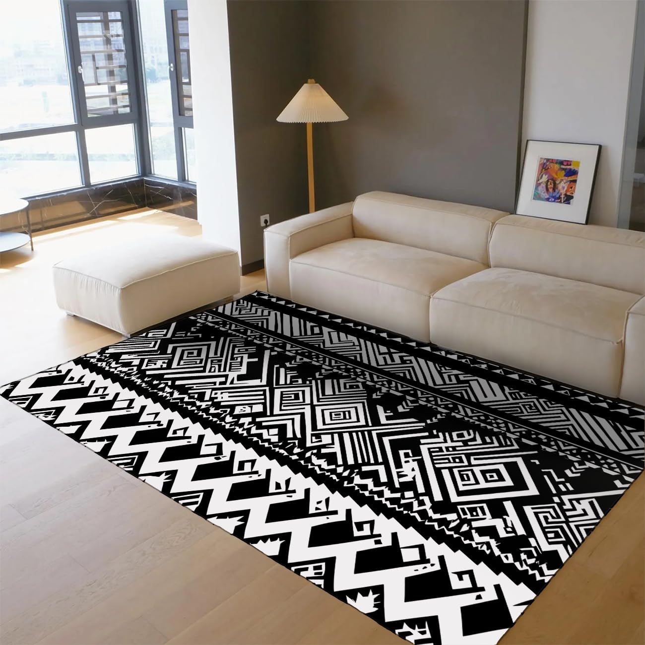 Czarno-białe dywaniki zmywalne do salonu Western Tribal Design Antypoślizgowy geometryczny dywan z niskim włosiem do biura domowego 100 x 150 cm