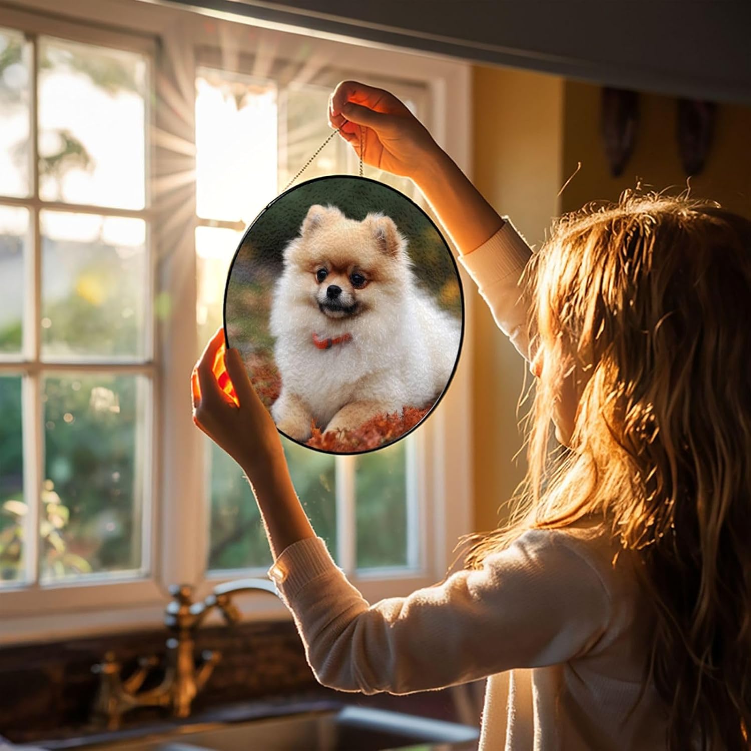 Stained Glass Window Hanging 6in（15cm）, Short-haired Pomeranian Dog Glass Suncatcher for Home Decor, Indoor Wall Art Glass Panel with Metal Chain and Hooks, Sun Catcher Ornament Birthday Gifts