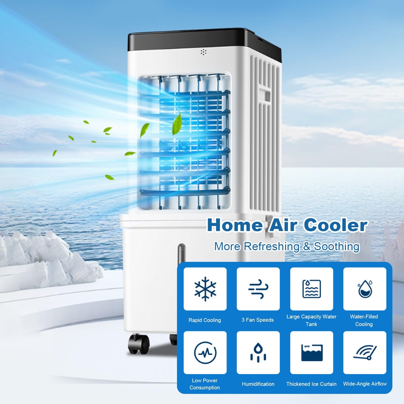 Climatizador Evaporativo Portátil de 3 Velocidades, Enfriador de Aire Silencioso con Llenado Superior, Ruedas y Acumuladores de Hielo para Habitación, Hogar, Oficina