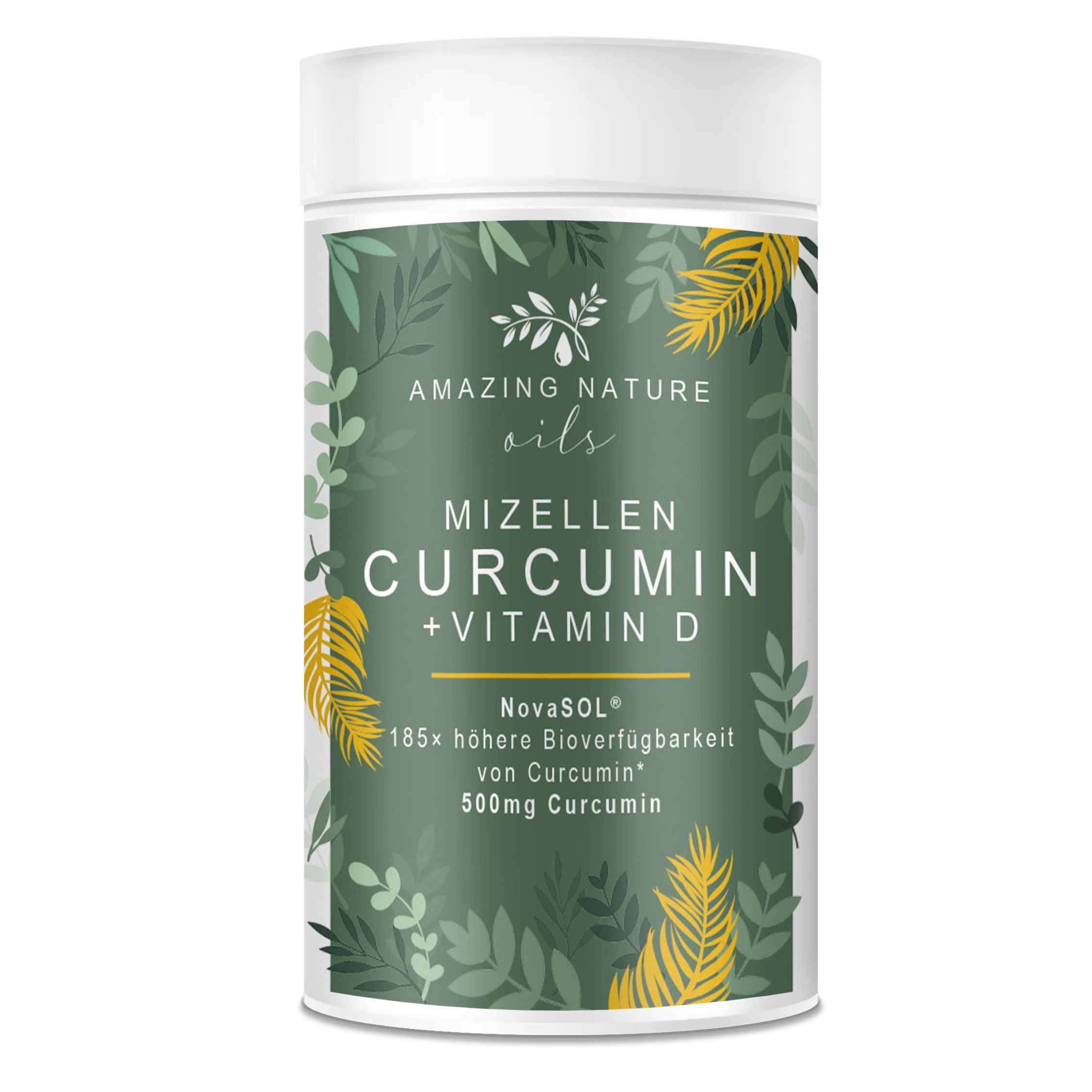 Mizellen Curcuma Kapseln Hochdosiert mit 185x höher verfügbarem NovaSOL Curcumin angereichert mit Vitamin D und C ohne Piperin 1 x 60 Premium Flüssig Kurkuma Kapseln Hochdosiert | 185x Bioverfügbarkeit durch NovaSOL®, ohne Piperin, mit Vitamin D & C für e