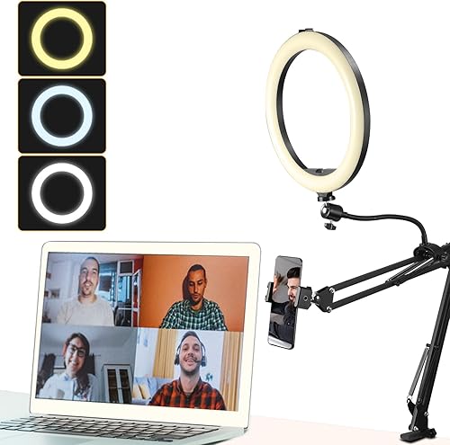 Wisamic Anillo de luz de soporte de teléfono para grabación con soporte y soporte para cámara, anillo de luz de escritorio para YouTube Live Stream,