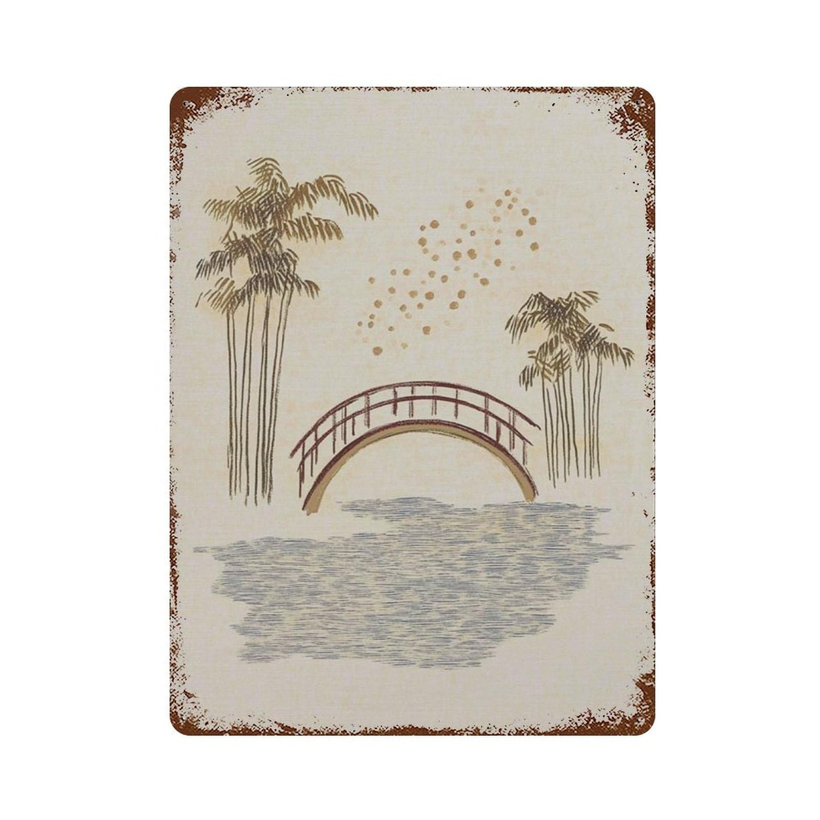 xiaoxiaoshen Minimal Tropical Bridge Neutral Palm Tree Calm Coastal Landscape Wall Decor Art Metal Tin Poster Modern Home Decor Art Home Bar Shop Decorations Vintage Sign 40x30cm