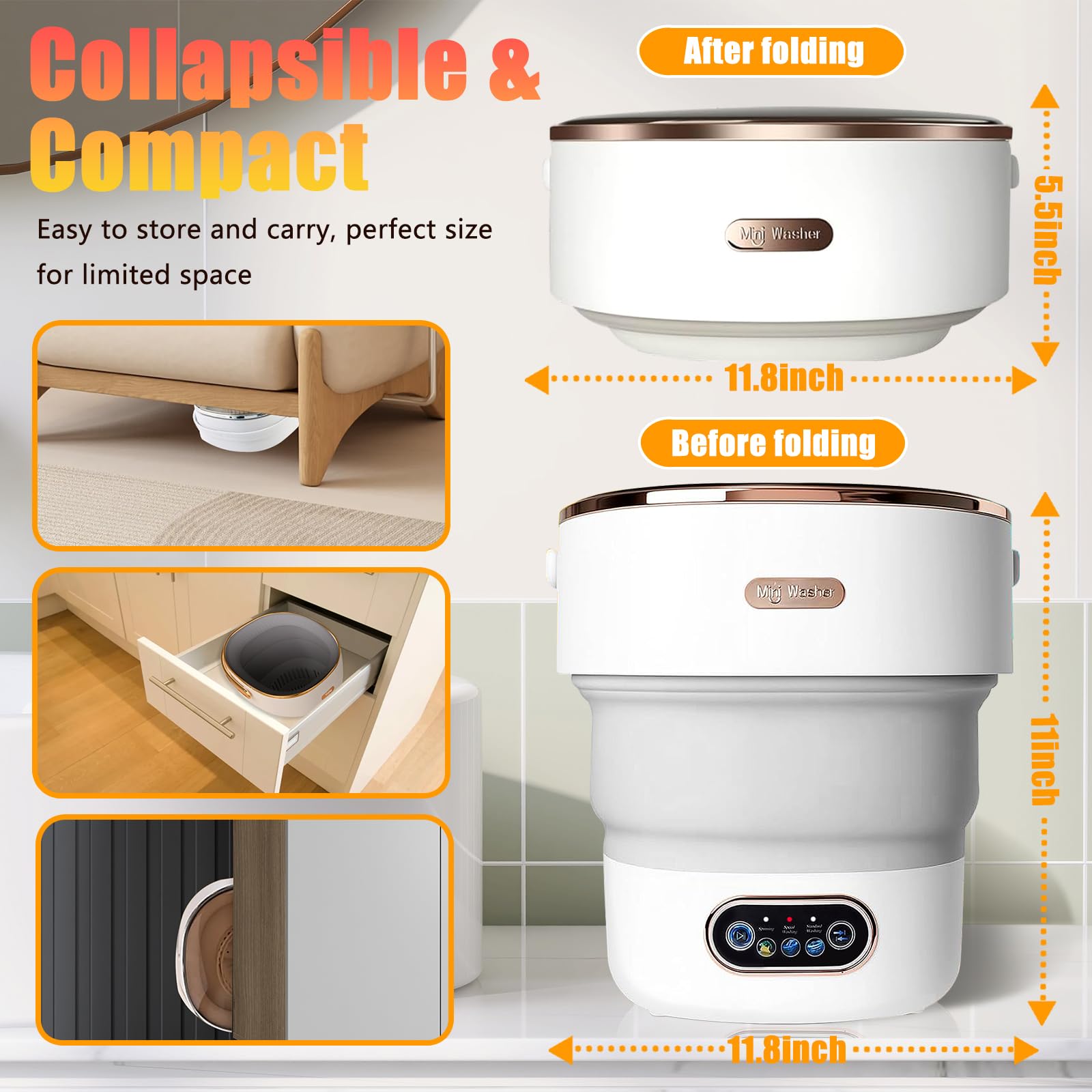 Machine à laver portable, mini laveuse pliable de 15 L avec 3 modes de nettoyage, panier de vidange, petite machine à linge pliable pour voyage, camping, dortoirs, camping-cars, appartements