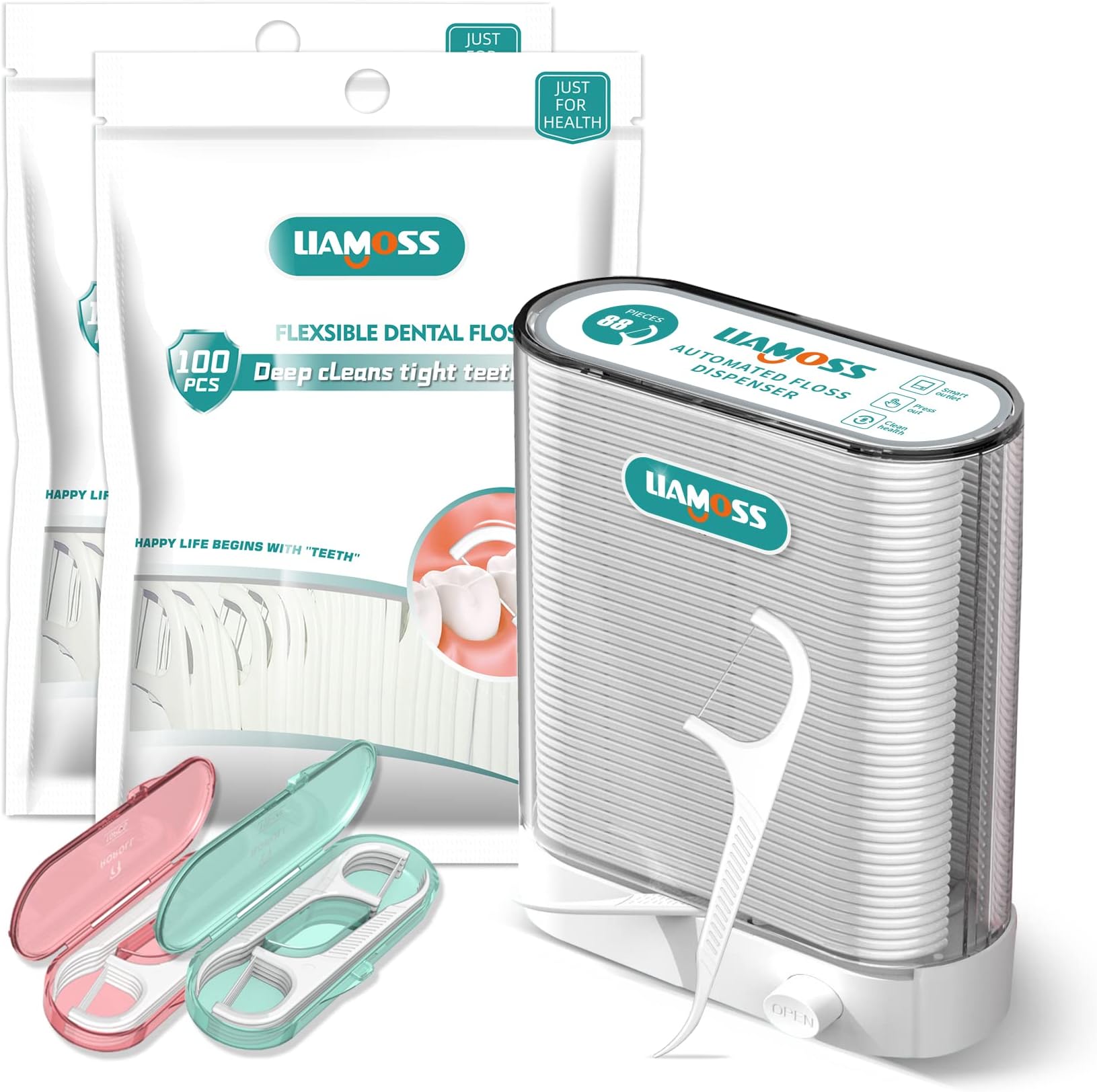 Dental Floss Picks Dispenser-308 Count Professional Cavity Resistant Flossers-LIAMOSS Automatic Pop Up Organiser Case-Intelligent Sealed Storage-Adults Best Dental Care Oral Tools
