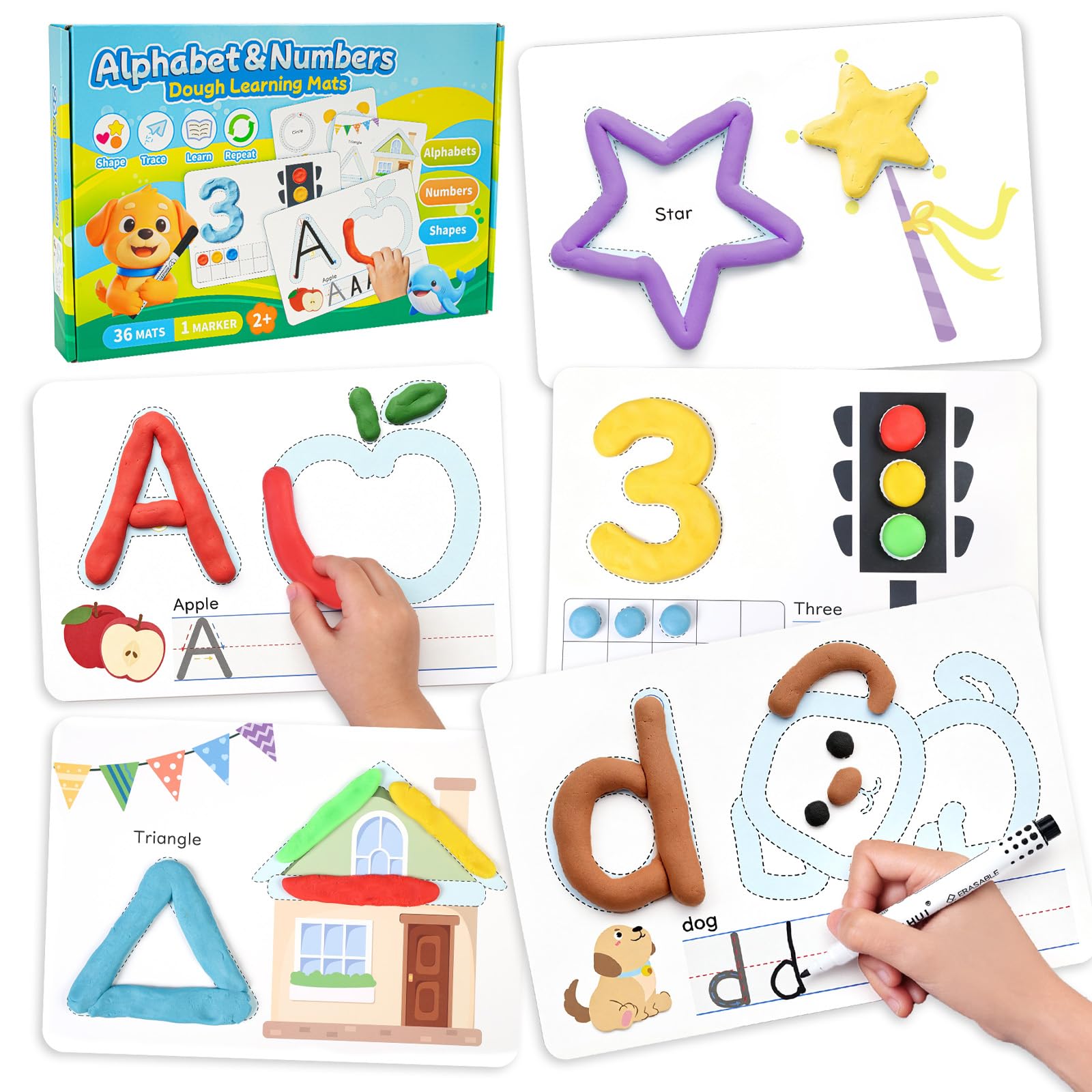 Crelloci Preschool Playdough Learning Cards for Toddlers 2-5 โ Alphabet Upper & Lowercase, Numbers 1โ10 & Shapes โ Early Years Educational Sensory Toy โ Letter & Number Tracing Activity